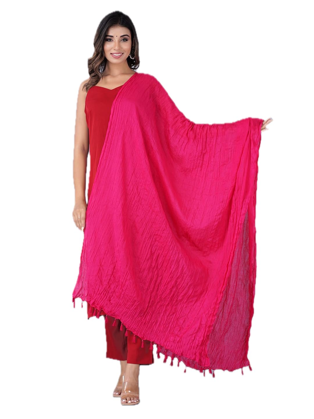 Women's Cotton Dupatta, Hot Pink, 2.5 Meter Length, Tasselled Border, Crinkled Texture, Traditional Scarf-image-30