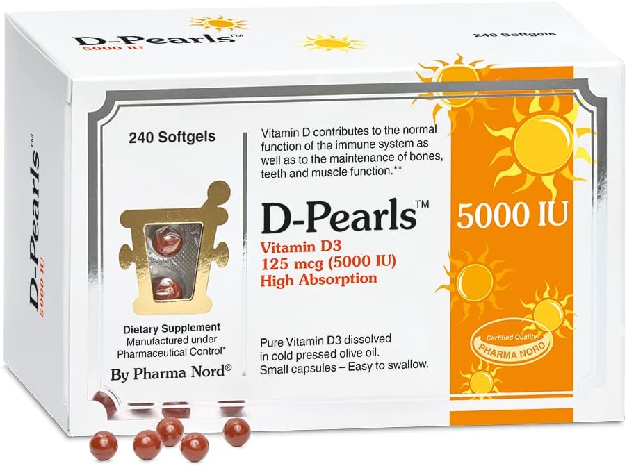 Pharma Nord D-Pearls 5000 iu (125 mcg) High Potency Vitamin D3 – High Absorption Mini Softgels in Organic Olive Oil, Immune, Bone, & Muscle Support, Non-GMO, Gluten-Free, 240 Count