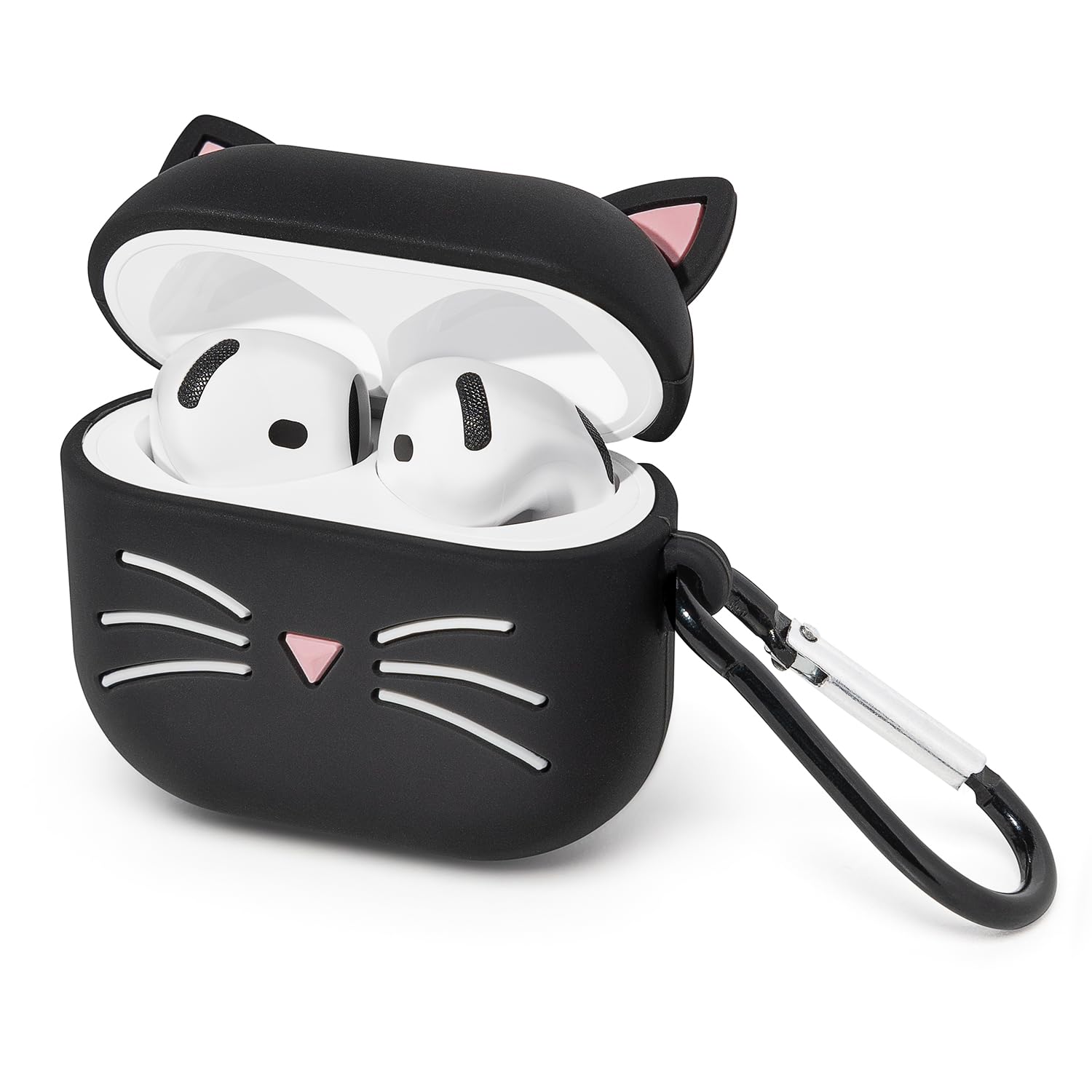 Mouzor for AirPods 4 Case, Cute Black Whisker Cat AirPods 4th Generation (2024) Case Funny 3D Cartoon Animal Shockproof Soft Silicone Charging Cases Cover with Carabiner for Kids Girls Women