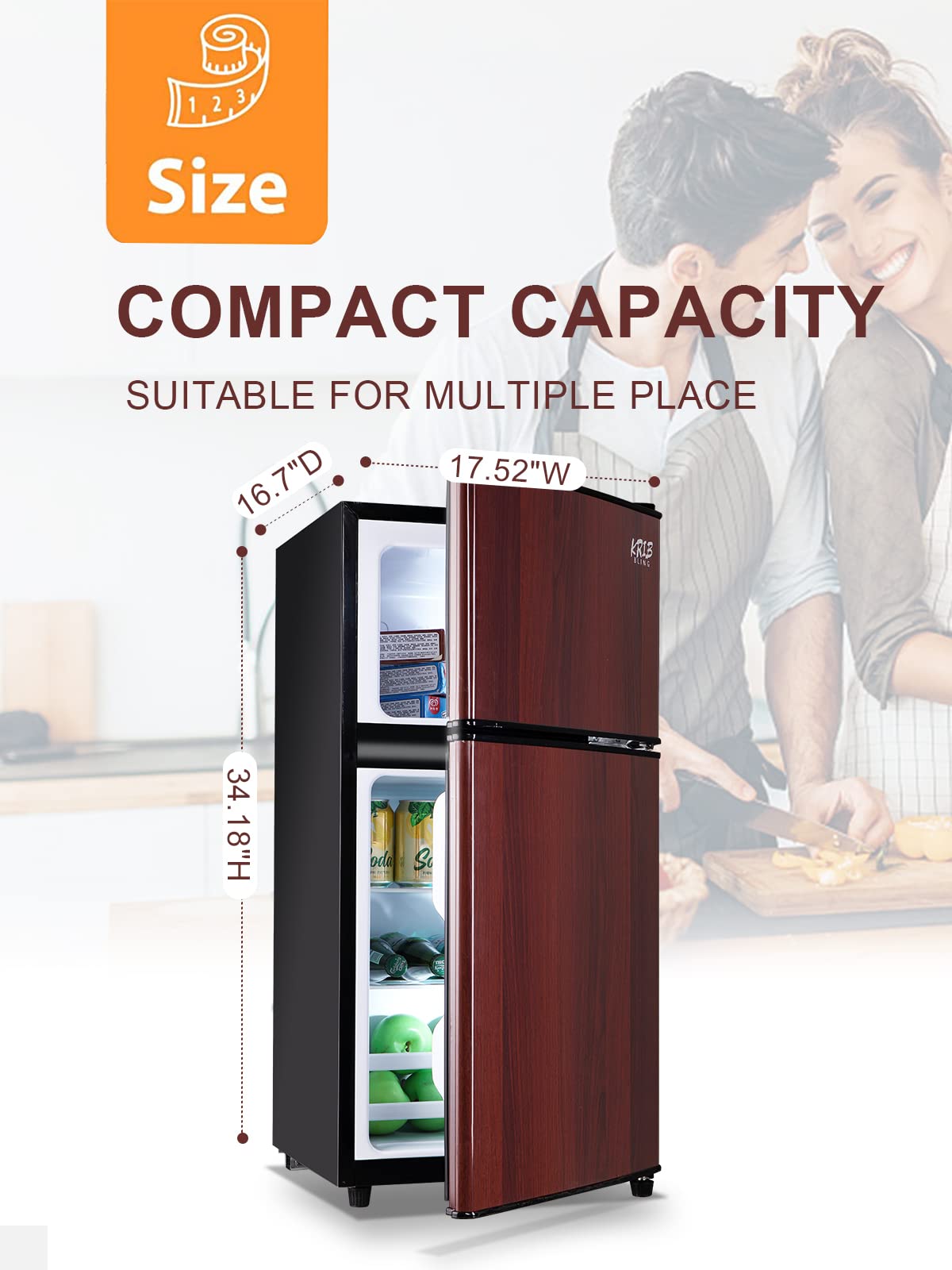 KRIB BLING Compact Refrigerator Mini Fridge with Freezer,7 Level Adjustable Thermostat Removable Shelves Small Refrigerator for Office Dorm Apartment 3.5 Cu.Ft Wood on Fridge.com