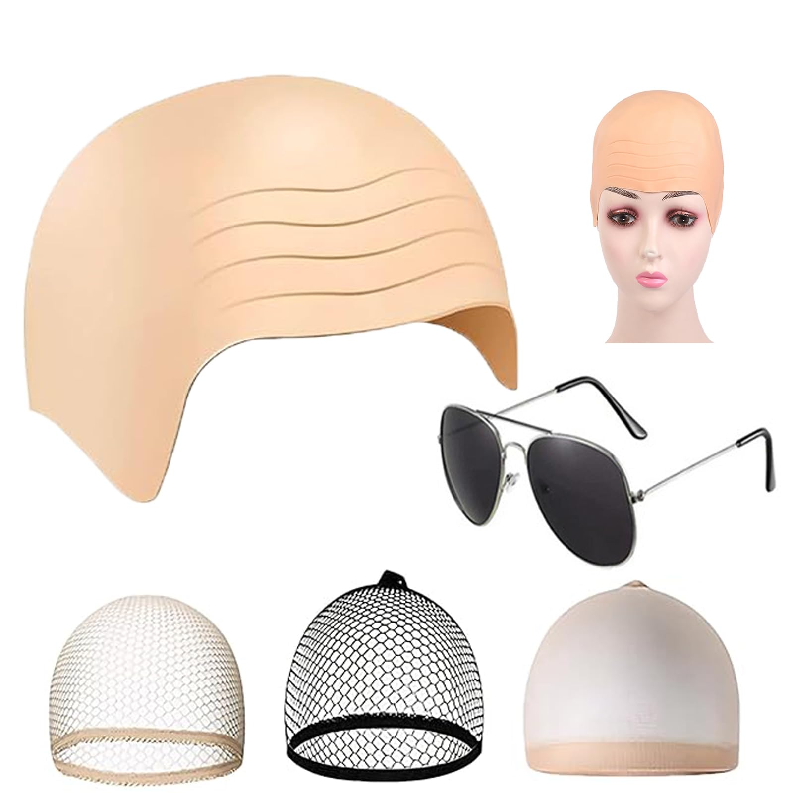 5pcs Bald Cap Adult Set, Wig Cap and Skin Tone Hair Net Ket, Sunglasses, Bald Cap, Bald Caps for Theater, and Cosplay, Easy to Use & Reusable, with 3 Hair Nets