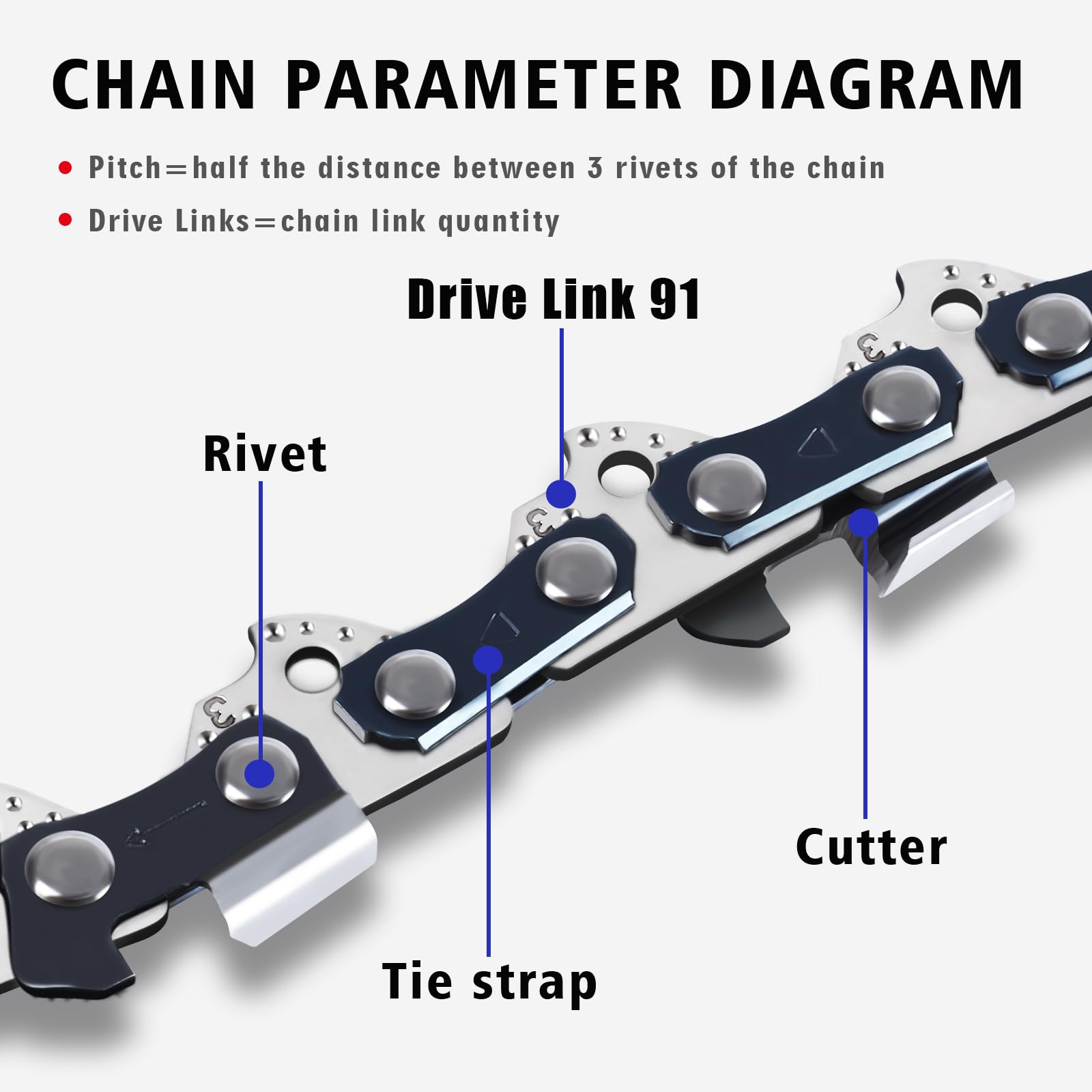 Paquete de 3 cadenas de motosierra de 28 pulgadas, paso de 3/8 pulgadas, calibre de 0.50 pulgadas, 91 eslabones de transmisión, se adapta a MS460 (MAGNUM), MS461, MS650, MS660 (MAGNUM) y más