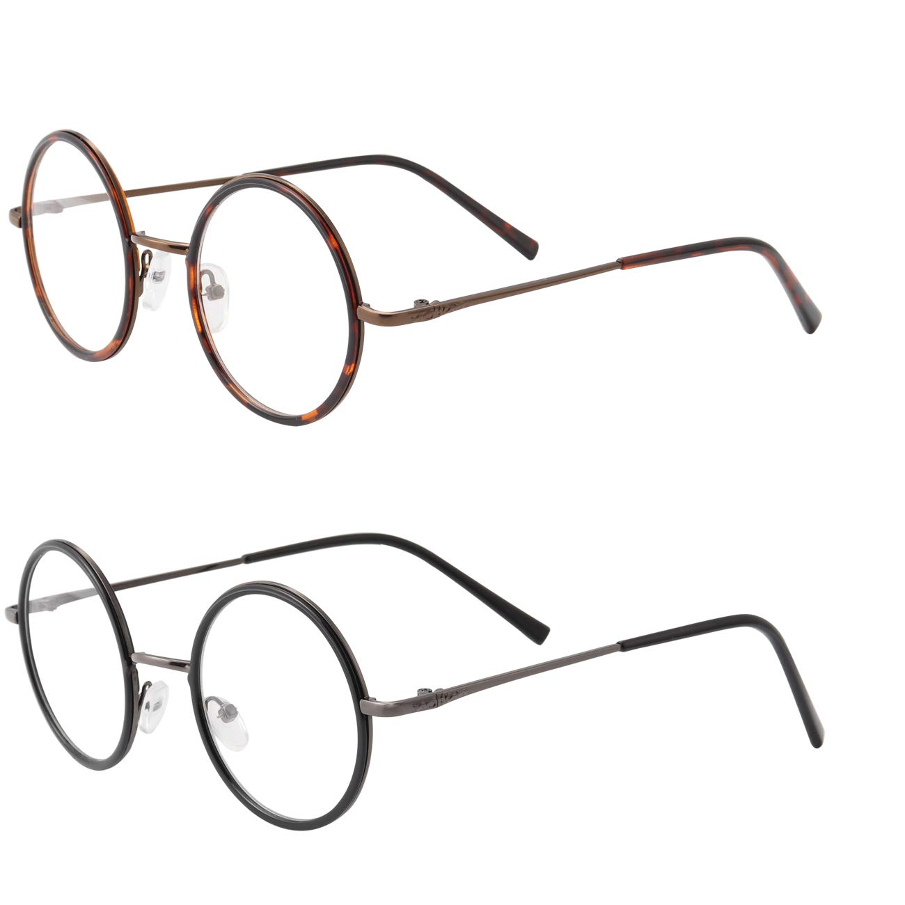 BESTUM Runde Vintage-Brille für Damen und Herren, klare Gläser, Retro-Brillenrahmen, nicht verschreibungspflichtige Brille, Braune Blume + helles, schwarz-graues Bein, Medium
