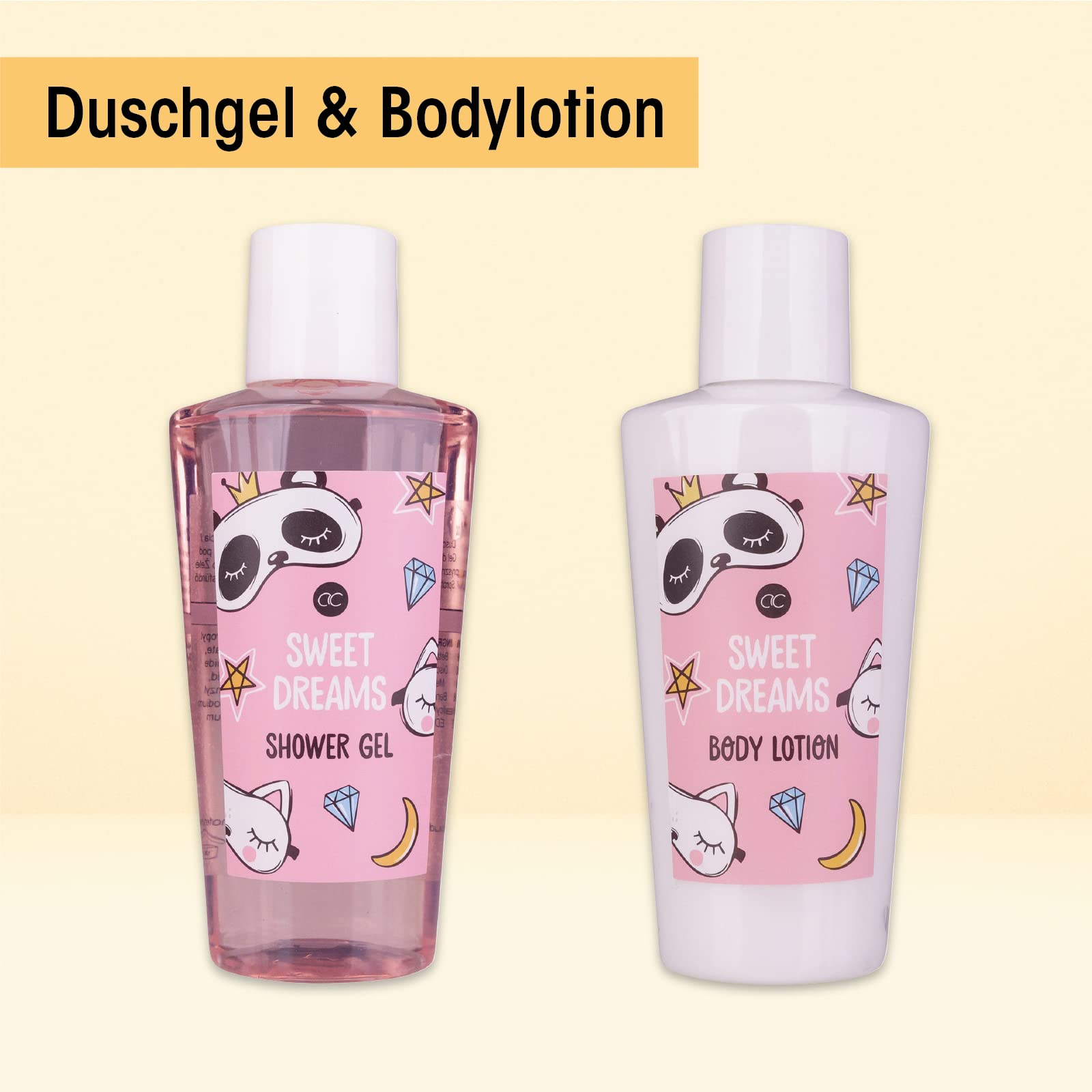 Set de regalo para mujer Sweet Dreams de Accentra - Antifaz de panda, gel de ducha, loción corporal y confeti de baño de rosas