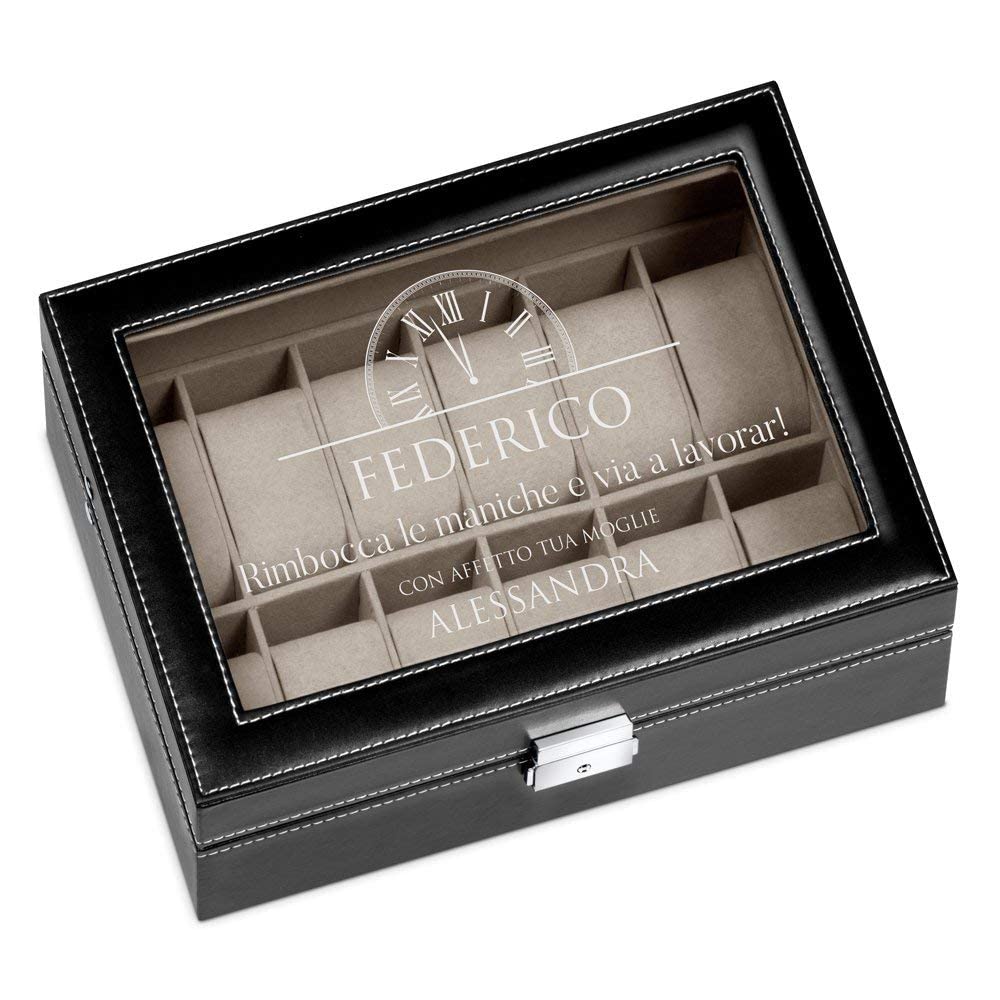 Maverton Cofanetto Porta Orologi con 12 scomparti - Custodia orologi in similpelle nera - Coperchio in vetro - Fodera beige in velluto - incisione personalizzata - regalo uomo - Ora