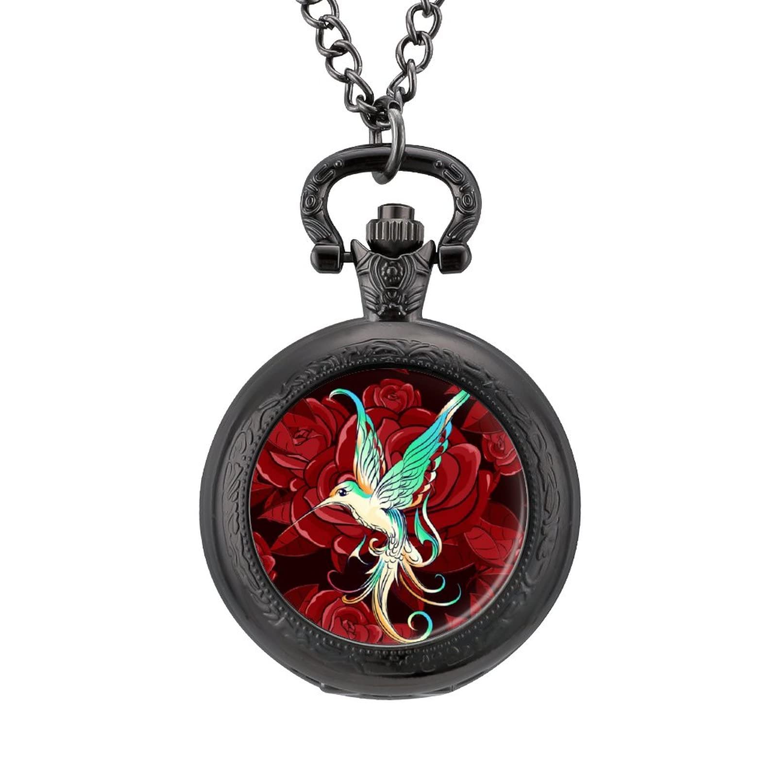 Beautiful Hummingbird with Rose Vintage Pocket Watch Printed Pendant Watches Necklace with Chain Gift for Friend Lover Family Black-Style