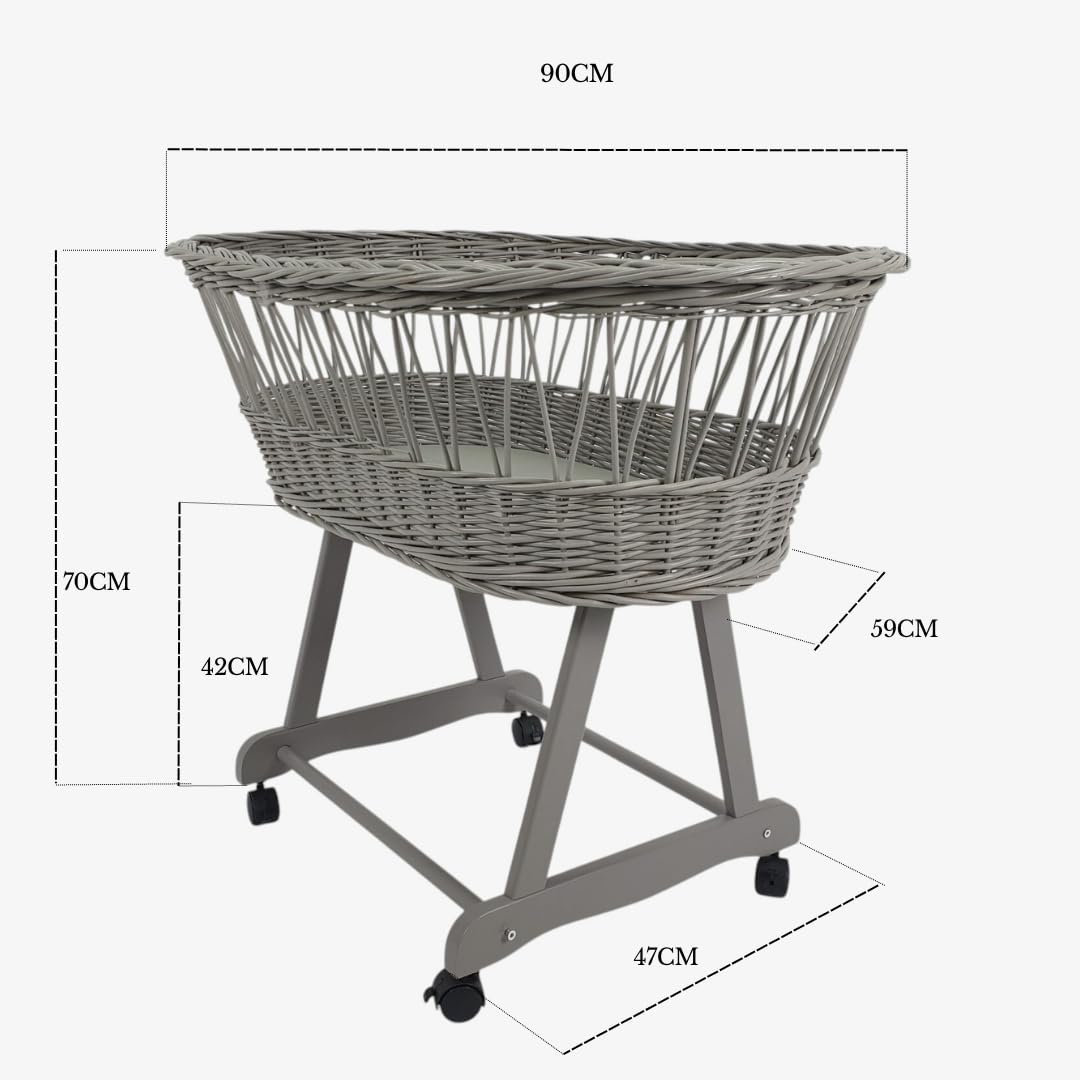 Stubenwagen Baby mit Rollen & Bremse – Grauer Moseskorb aus Naturweide inkl. Matratze & Khaki Bettwäsche aus 100% Baumwolle – sicher & mobil – Modell Amelia