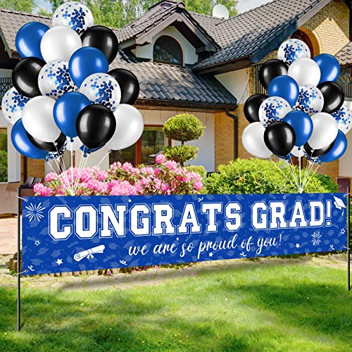 Image of 37Pcs Graduation Banner Balloon Decorations Class of 2026, Congrats Grad Banner Yard Outdoor Decorations, Graduation Balloons Banner Set for High School College Graduation Party Supplies, Blue