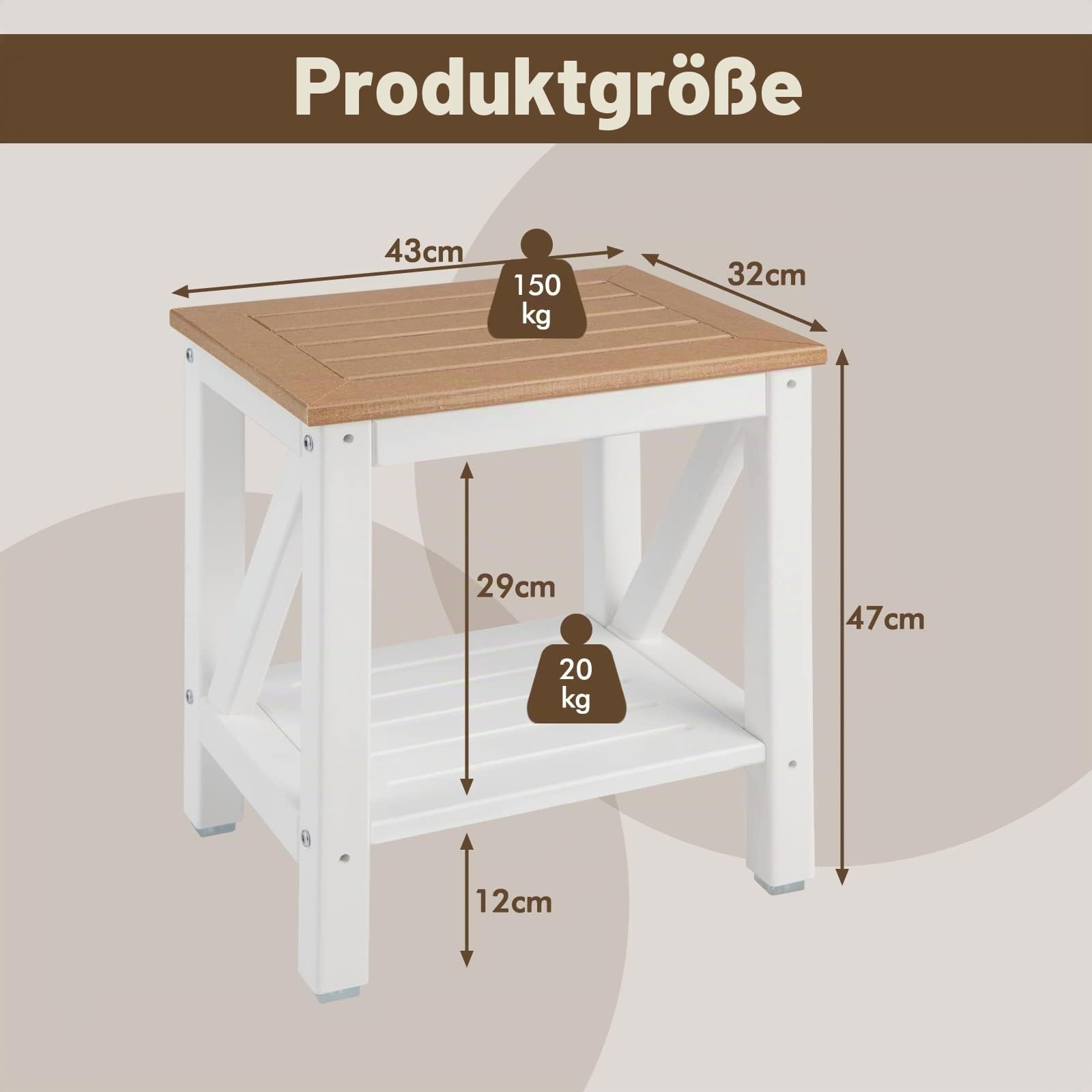 RELAX4LIFE Duschbank mit Ablage, Badhocker mit Rutschfesten Füßen, Duschstuhl bis 150 kg Belastbar, Sitzbank Wasserdicht, Badezimmerbank für Alte Schwangere, Weiß+Braun (43 x 32 x 47 cm)