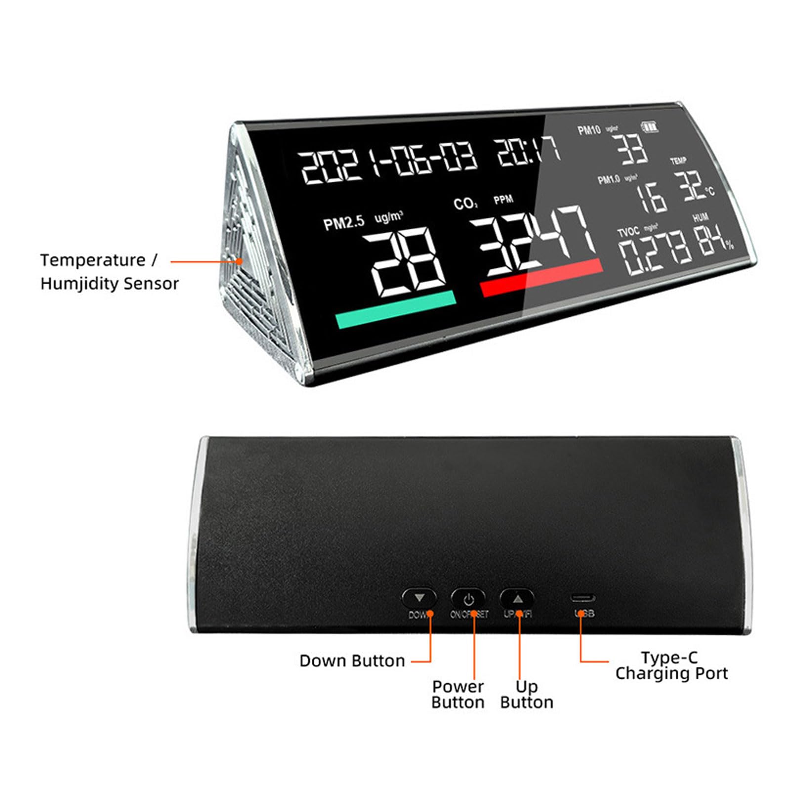 FTVOGUE Monitor de Calidad del Aire Interior, Detector de CO2 con Sensor NDIR para PM2 5 PM10 PM1 0 TVOC Temperatura Humedad Probador de Aire Doméstico Portátil con Batería de 5000 MAh (BLACK)