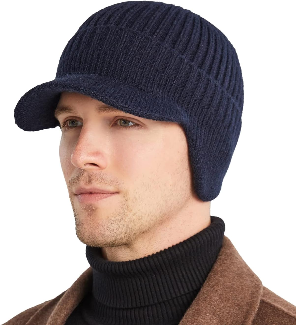Koreshion Men’s Winter Visor Beanie Hat with Earflaps Knit Baseball Cap with Brim Ski Hat Warm Fleece Lined Hunting Hat