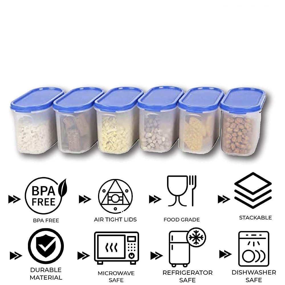 SIMPARTE Recipiente hermético de plástico para almacenamiento de cocina con tapa para almacenamiento de cocina, apilable, sin BPA (azul claro, 1200 ml, juego de 6)