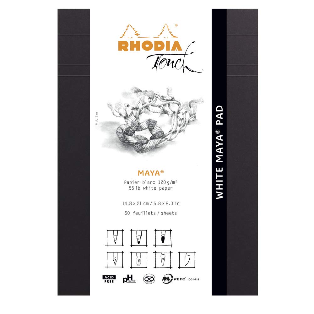 RHODIA TOUCH 116102C - White Maya Pad A5 - 50 Sheets - Clairefontaine Maya Plain White Paper 120 g/m - for Calligraphy and Precise Drawing with Pencil, Liner, Pen