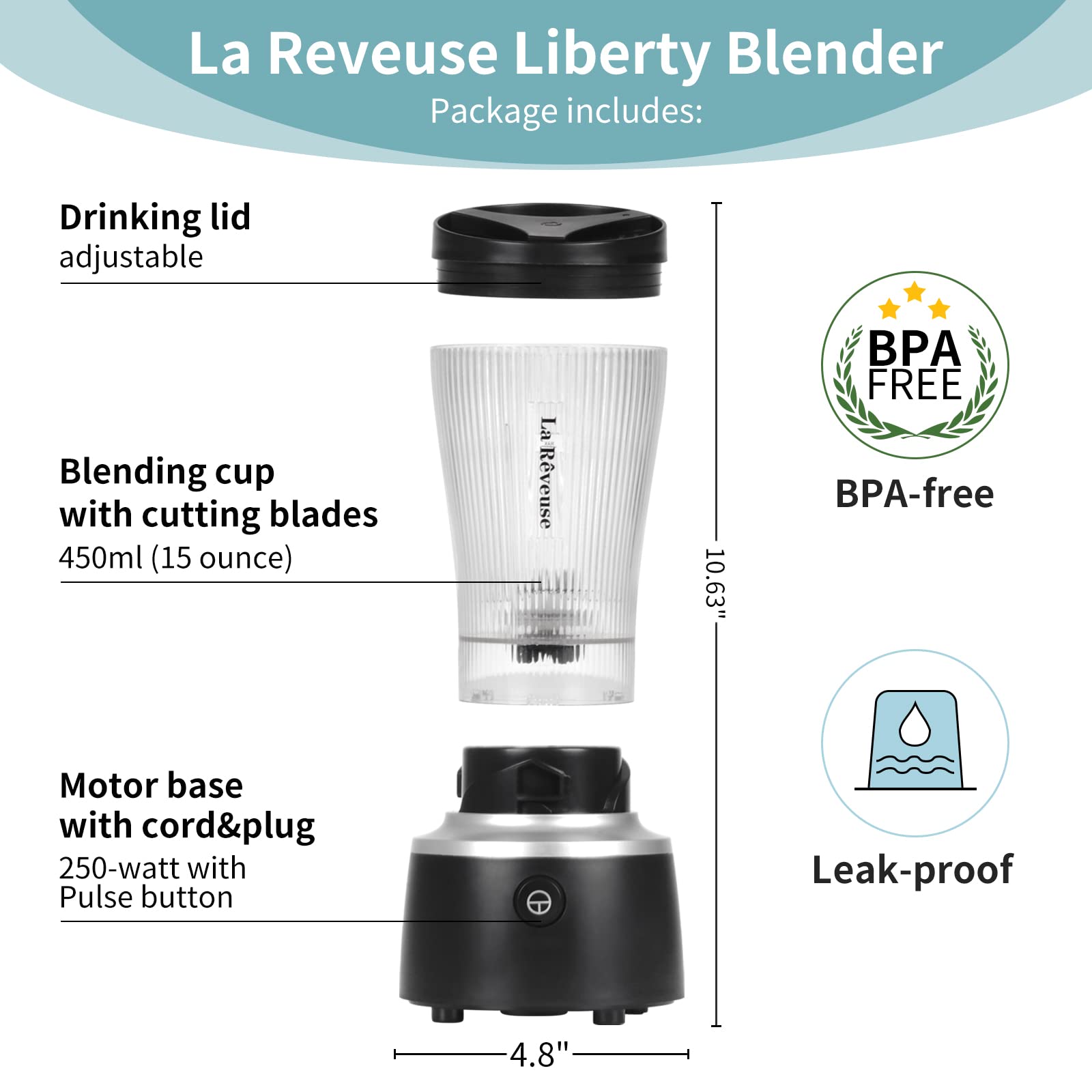 La Reveuse Personal Size Blender 250 Watts Power for Shakes Smoothies Seasonings Sauces with 15 oz Portable To Go Cup,BPA-Free