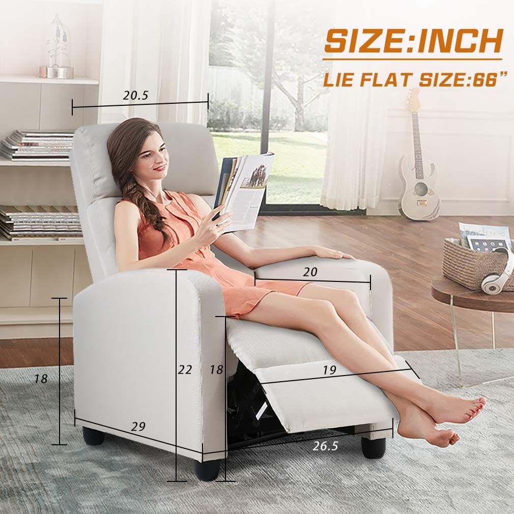Beige Manual Push Back Leather Recliner with Metal Frame