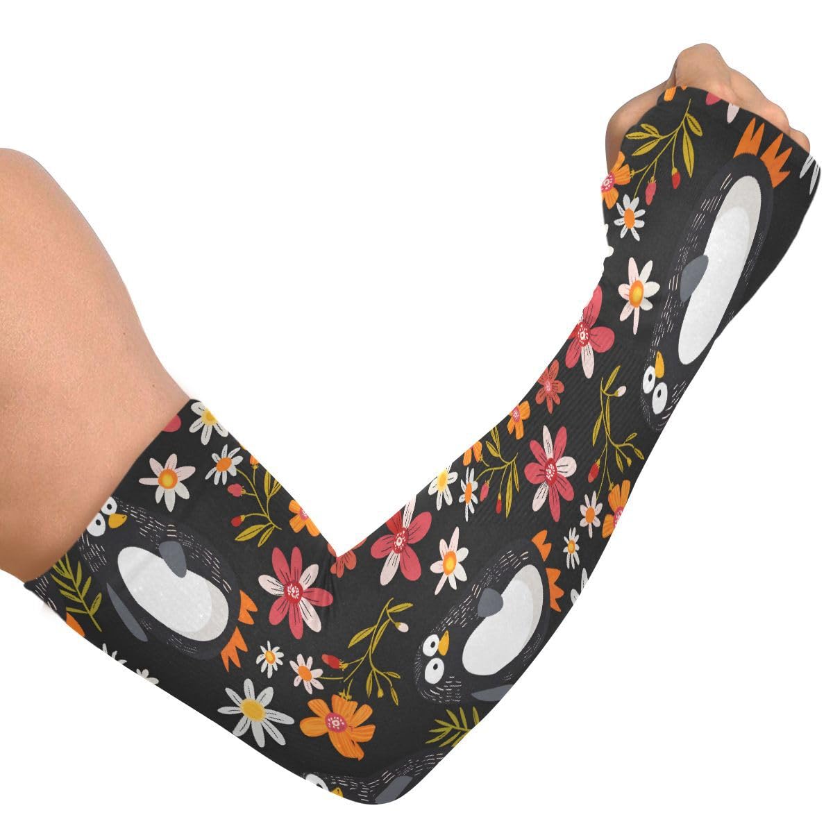 ALAZA Cartoon Penguin Black Gardening Sleeves Cooling Arm Sleeves Sun Protection Thumb Hole Arm Covers for Women Men