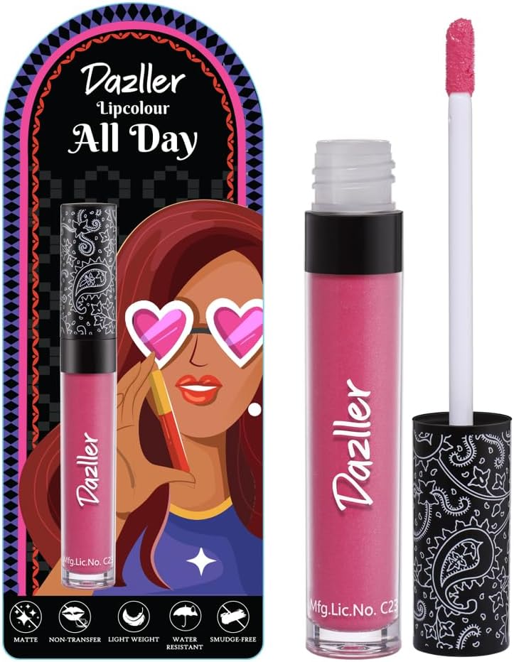 DAZLLER All Day Lipcolour|Moisturizing Kokum Butter|Non-Transfer & Smudge-Proof|8Hr Stay|Matte Liquid Lipstick for Women|Dlc019 Bubble Gum|6G