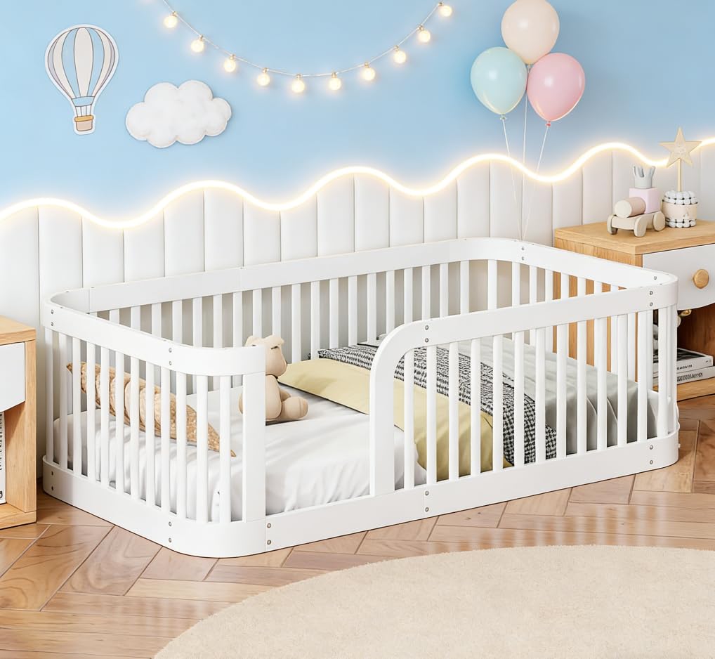 Bellemave Twin Size Floor Bed with Rounded Corners for Kids, Twin Floor Bed with High Fence, Wooden Montessori Beds for Kids, White no slats