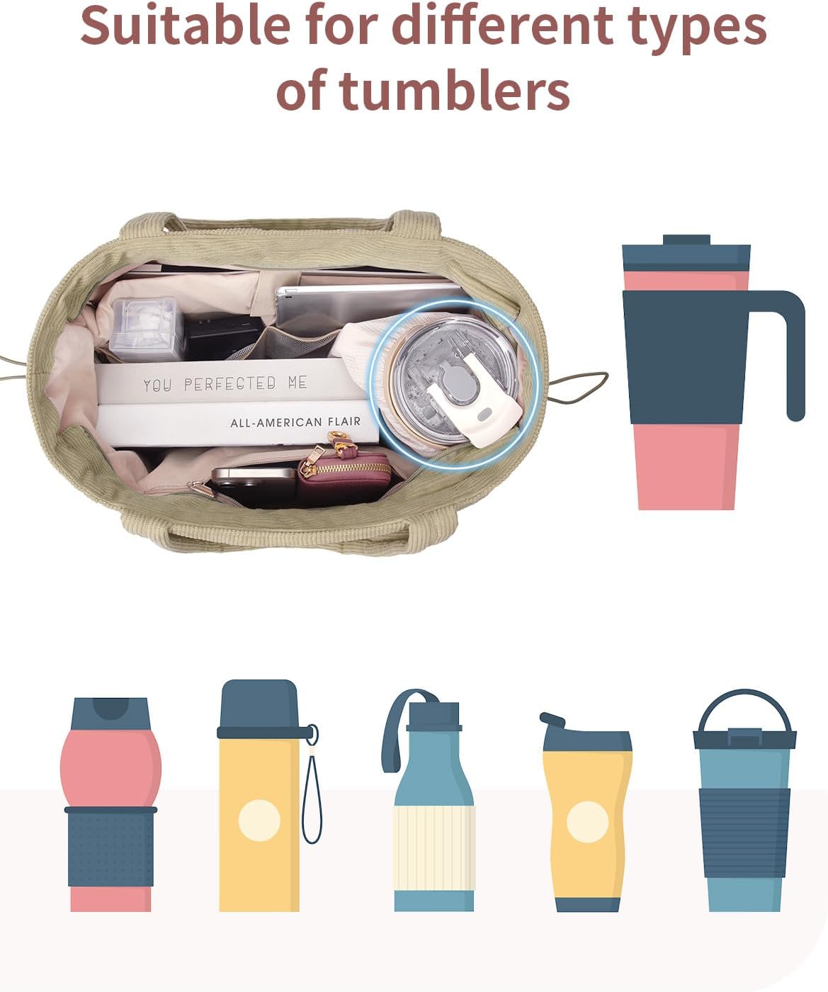 ECOHUB Large Corduroy Tote Bag for Women with Cup Holder & Luggage Sleeve & Laptop Compartment for Work Travel College Casual - Image 4