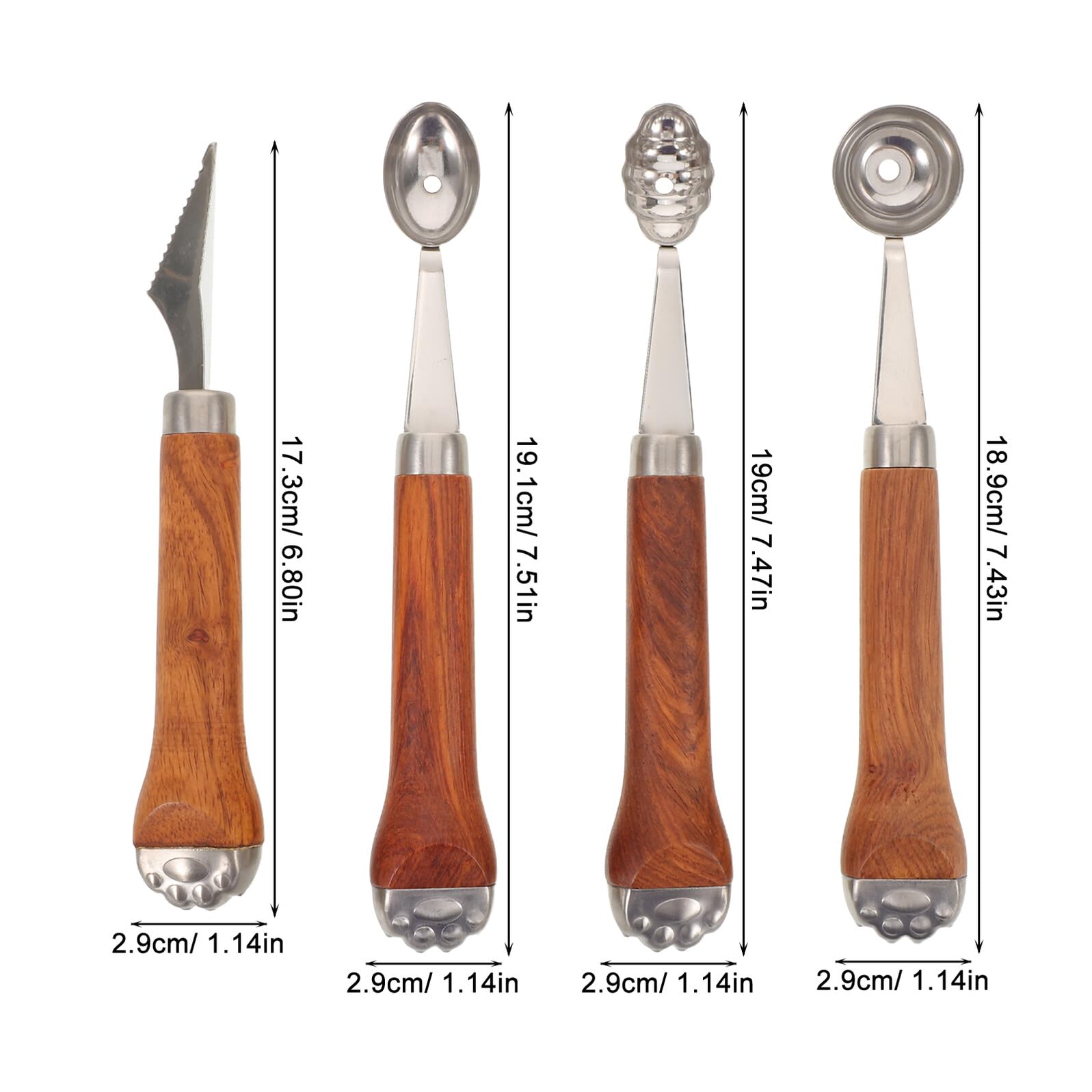 Juego de 4 Piezas Sacabolas de Fruta de Acero Inoxidable con Mango de Madera en Forma de Pata de Gato Cuchara Dentada para Melón y Sandía Cortador Multifuncional para Postres y