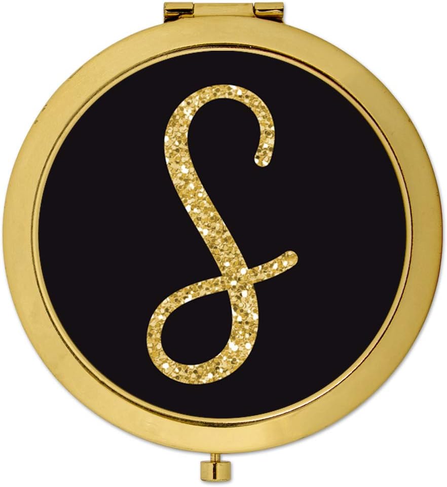 Andaz Press Gold Compact Mirror Bridesmaid's Wedding Gift, Black with Faux Gold Glitter, Monogram Letter S, 1-Pack, Bachelorette Bridal Shower Wedding Party Gifts