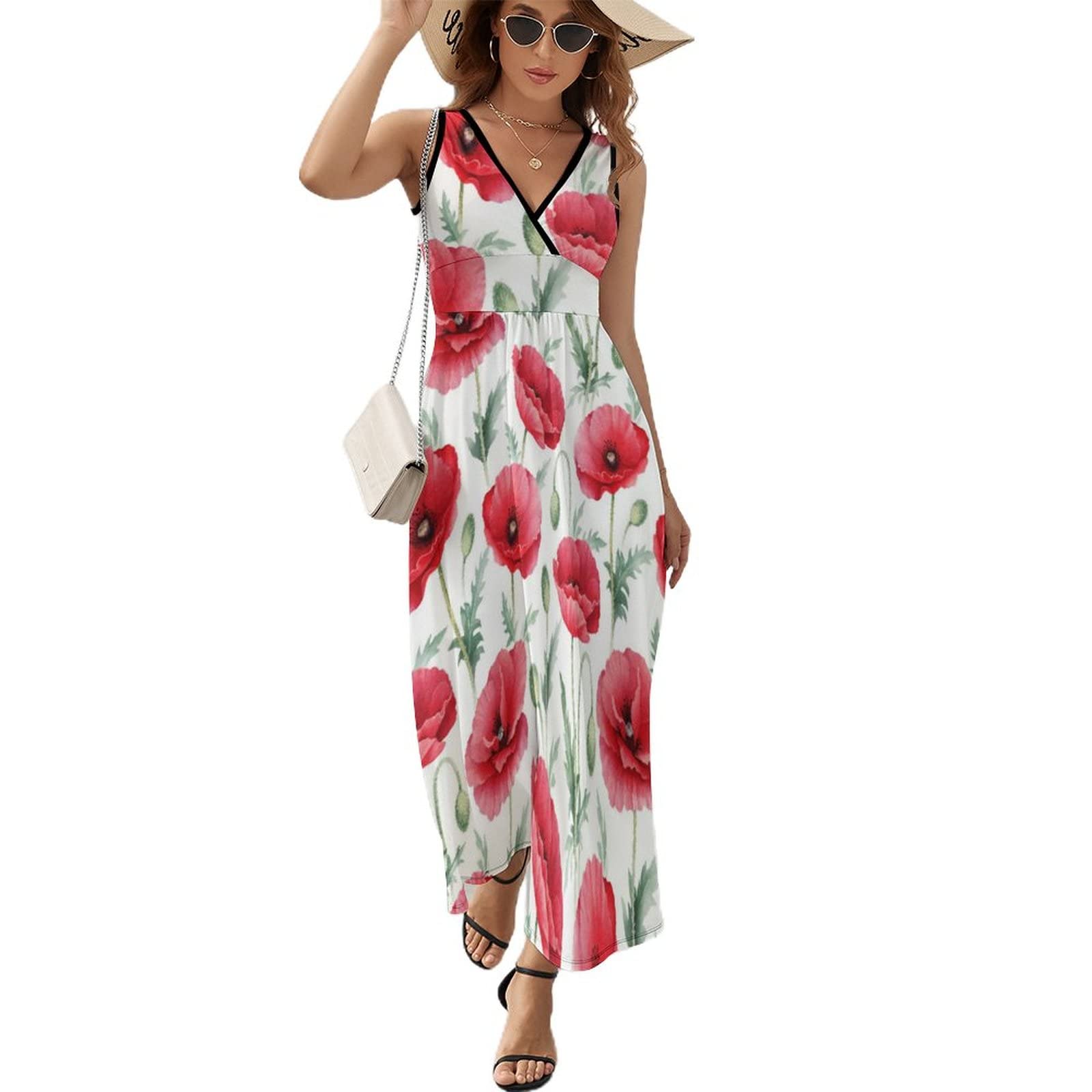 Poppy Flowers Women's Long Dress Sleeveless Maxi Dress Sundress Beach Party Dresses Evening Gowns 2XL