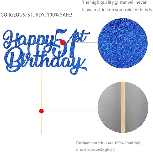 Miniatura 2 de Decoración azul para tartas de cumpleaños 51, purpurina azul real que saluda a los 51 años, suministros para tartas de fiesta