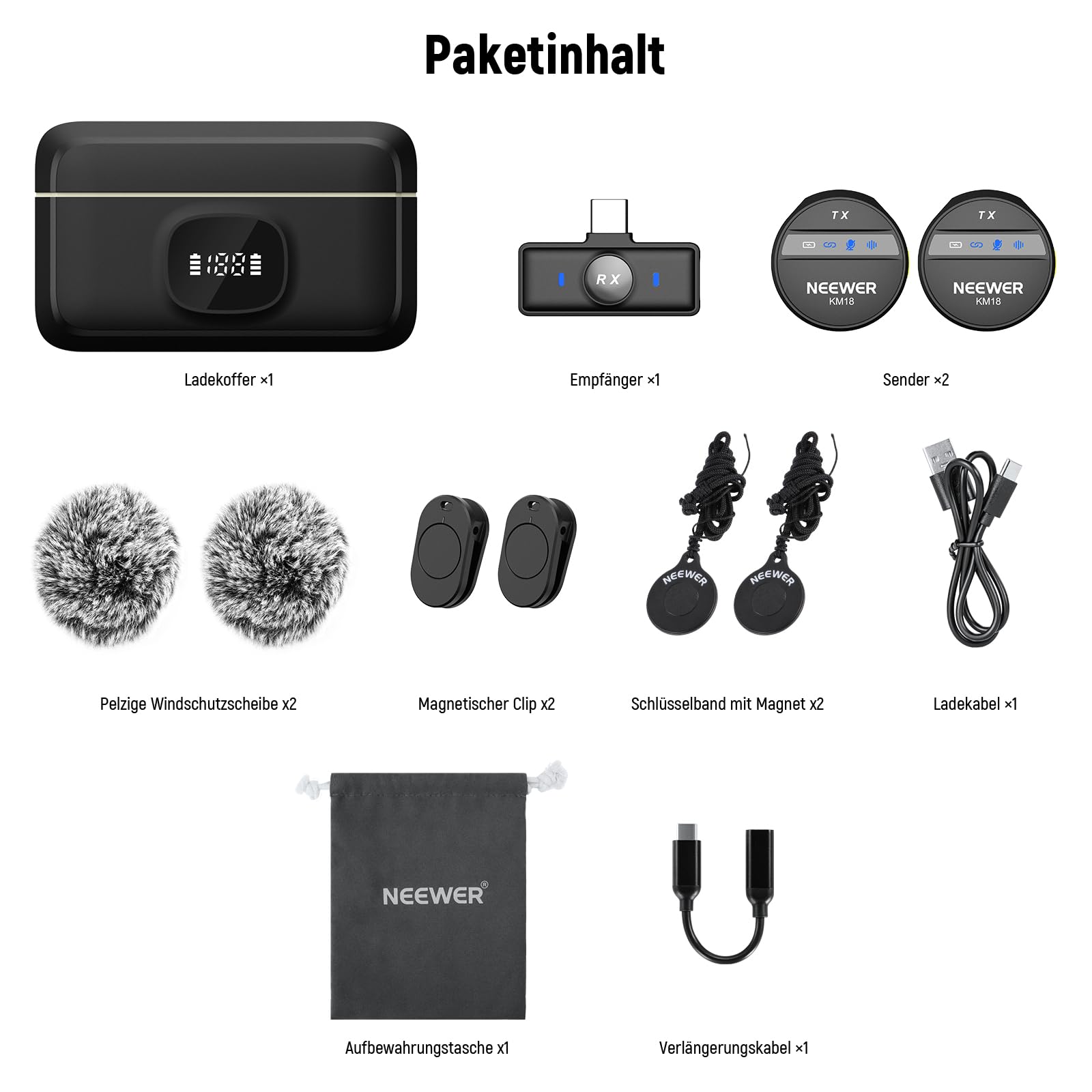 NEEWER Kabelloses Lavalier Mikrofon für iPhone Lärmunterdrückung Mini Ansteckmikrofon Set mit USB C OTG Lade Etui 24H Akku 200m Reichweite Kompatibel mit iPhone 16 15 Android Telefon PC Laptop, KM18