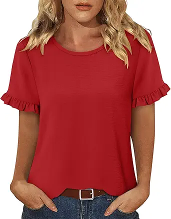 CRAZY GRID Women's Shirts Summer Casual Crewneck Ruffle Short Sleeve Blouses Cute Floral Print Tunic Tops