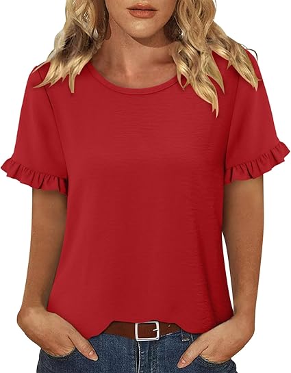 CRAZY GRID Women's Shirts Summer Casual Crewneck Ruffle Short Sleeve Blouses Cute Floral Print Tunic Tops