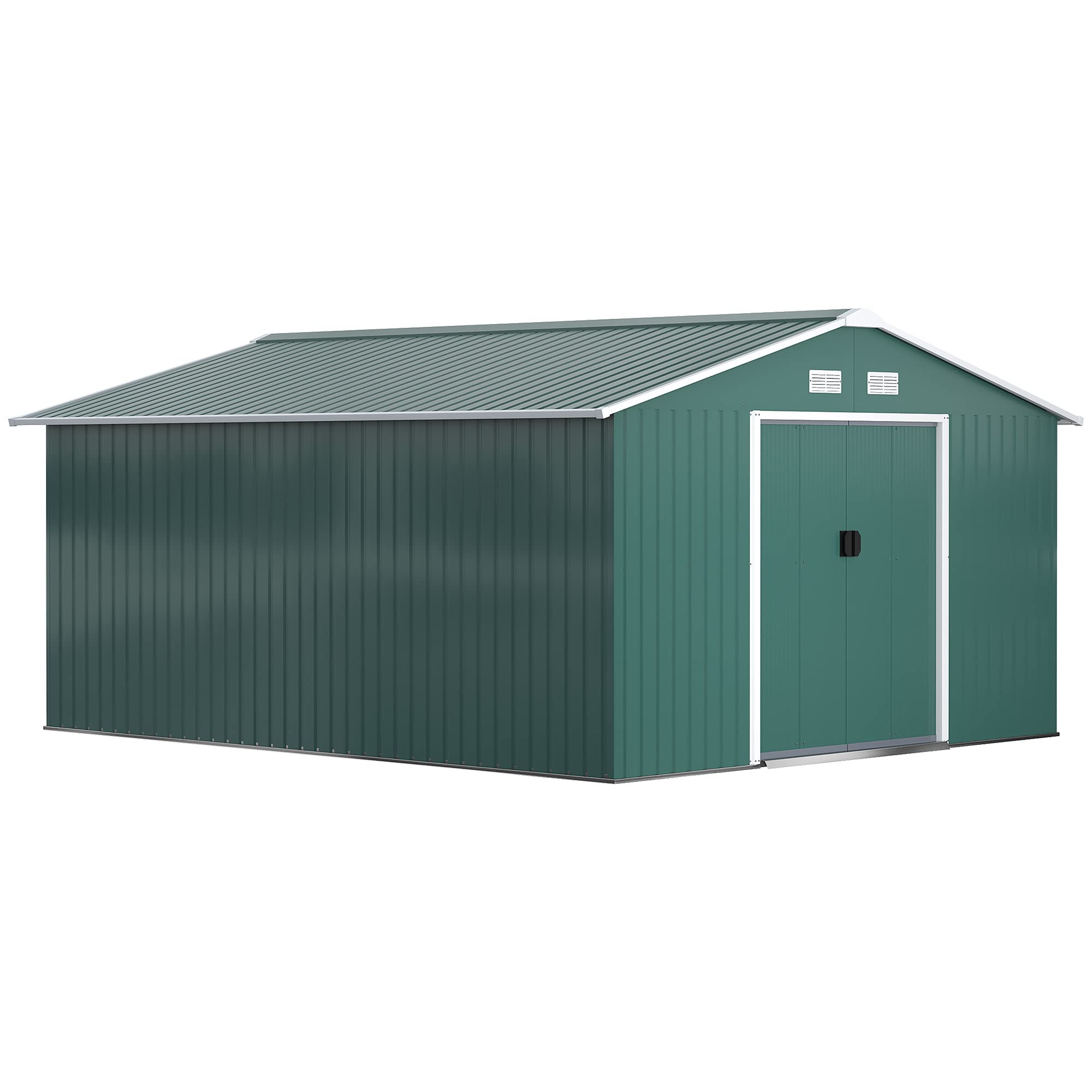 Outsunny 13 x 11ft Metal Garden Shed, Outdoor Storage Tool House with Ventilation Slots, Foundation Kit and Lockable Double Doors, Green