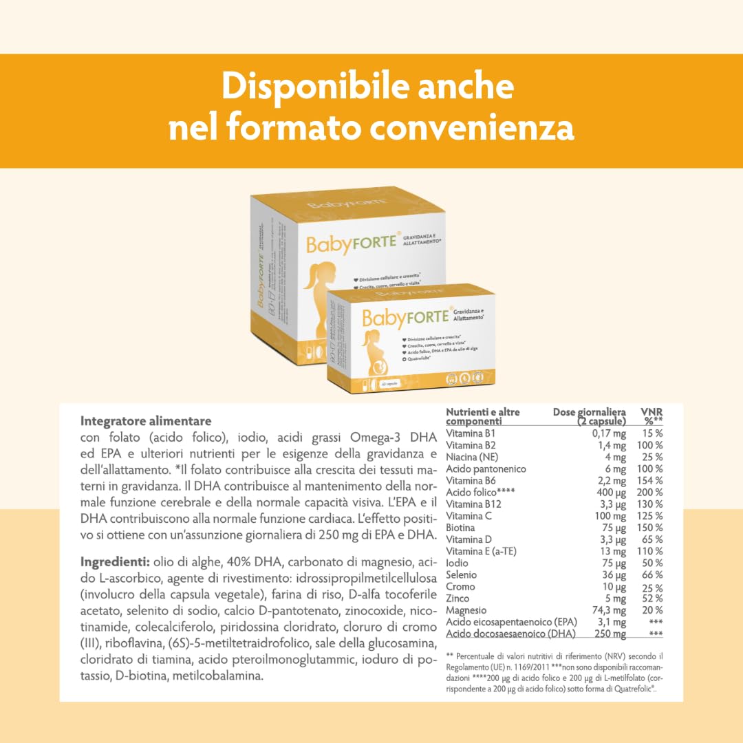 BabyFORTE® Gravidanza Multivitaminico | acido folico, Quatrefolic® + Omega 3 DHA EPA | Vegano | 180 Capsule | Allattamento Integratore