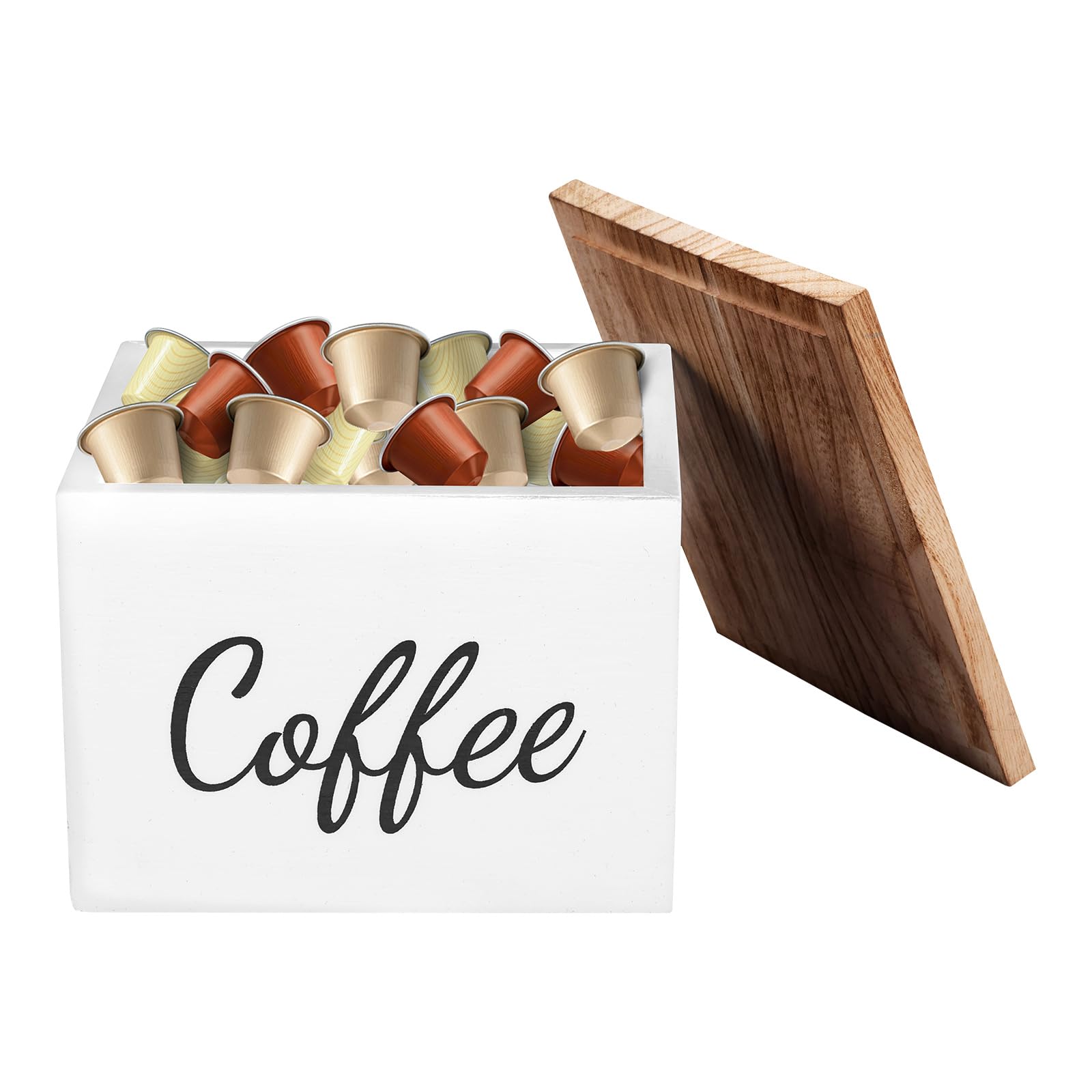 Ghshanog White Coffee Pod Organizer,Wooden Pod Storage Holder With Lid,14X14x11cm Kitchen Cabinets Organiser Basket Coffee Bar Accessories For Espresso Capsules, Tea Bag, Sweetener, Snack, Condiments Packet(White)