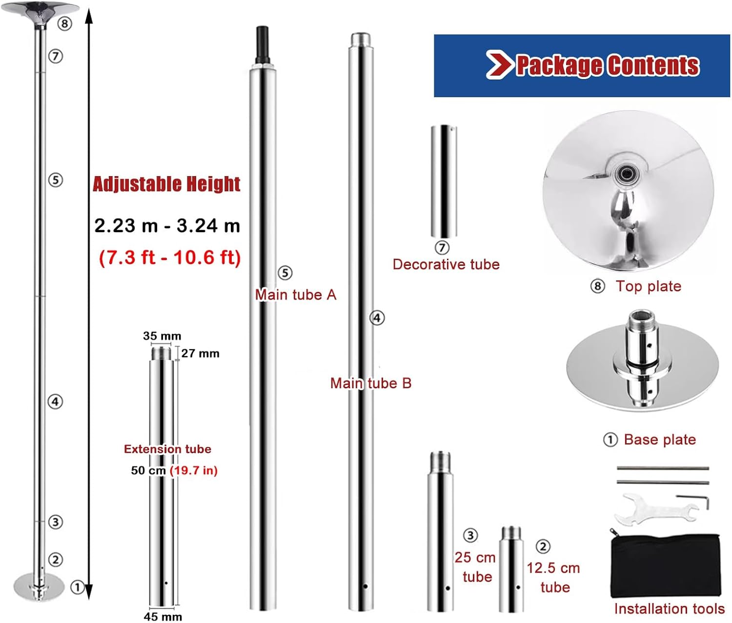 Professional Pole Dance Pole for Home Floor, Removable 360 Spin and Static Stripper Pole with Extension Pole, Adjustable Height Workout Pole Silver, Height 2.23-3.24m(7.3ft-10.6ft)