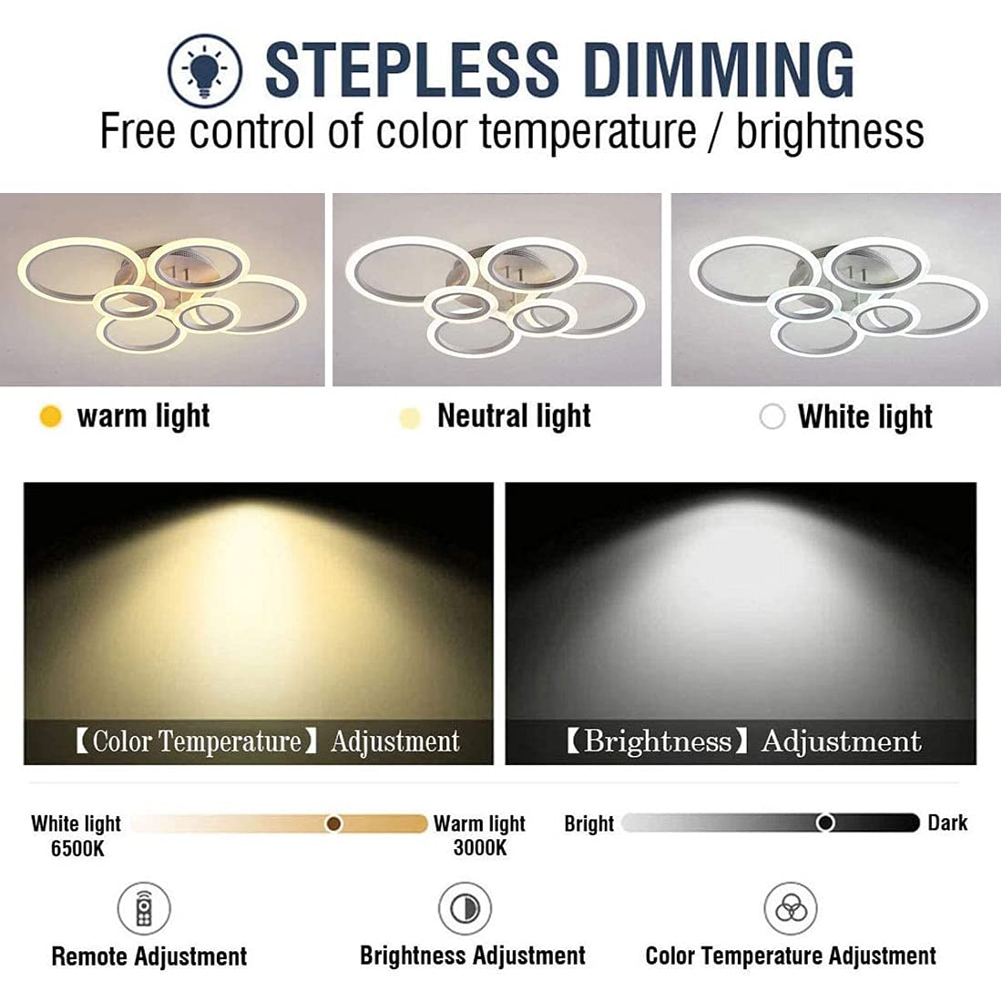 Lampa sufitowa LED z możliwością ściemniania, Ø80 cm, 6400 lm, biały metalowy aluminiowy klosz LED, 6 kółek, pilot zdalnego sterowania 3000K-6000K