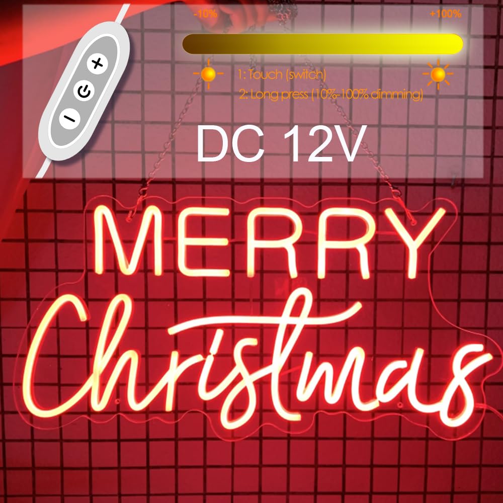 Letrero LED rojo de neón de 21 pulgadas, colgante regulable de Navidad, luces LED de Navidad para el hogar, ventana, garaje, tienda, decoración de paredes (rojo Feliz Navidad)
