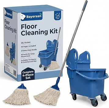 Complete 25l Mop and Bucket Set by Bayersan- Full Floor Cleaning Bucket & Cleaning Bundle Kit For Household & Commercial Use - 3 X Squeeze Mop Heads Blue