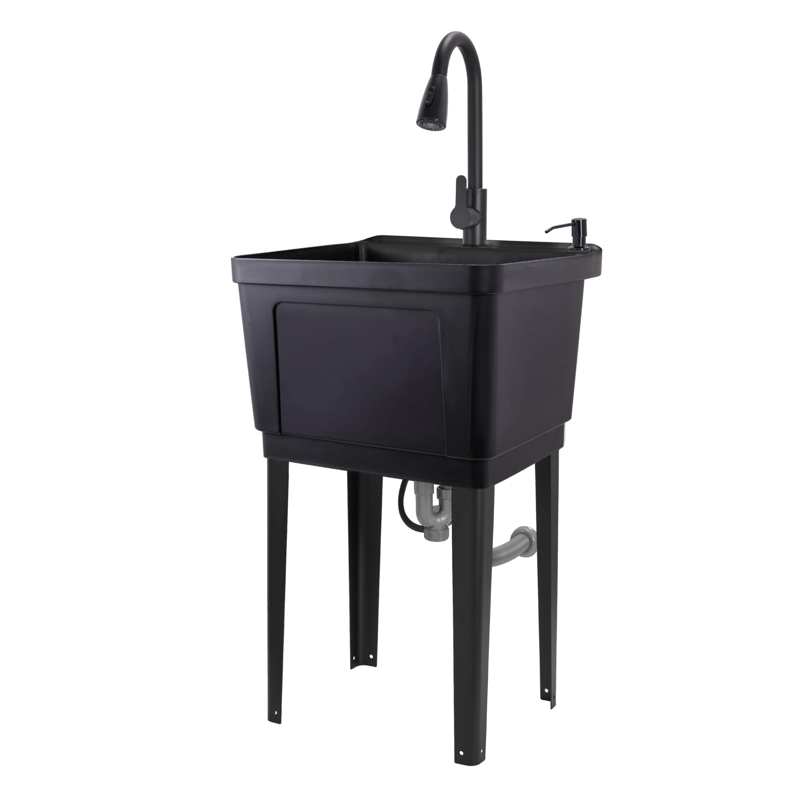 Jumbl Freestanding Utility Sink with Pull-Down Faucet | Laundry Room Tub with Gooseneck Sprayer, Single Handle Flow Control, Soap Dispenser, Drain Plug & Heavy-Duty Iron Legs with Levelers | Black
