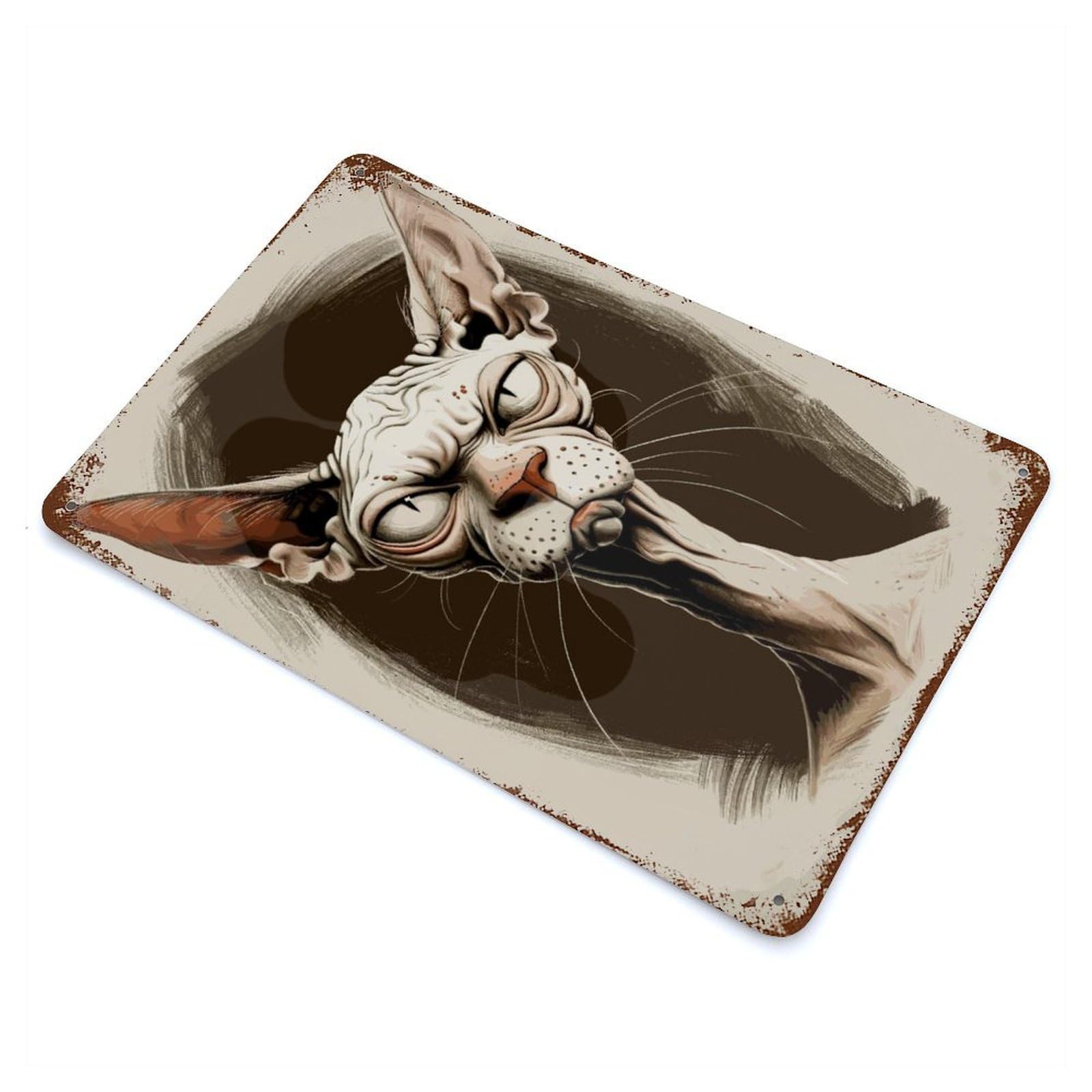 Sphynx Cat Caricature Vintage Wall Sign 11.8"x7.9", Rust Effect Metal Decor for Basement, Hobby Room And Garage Decor