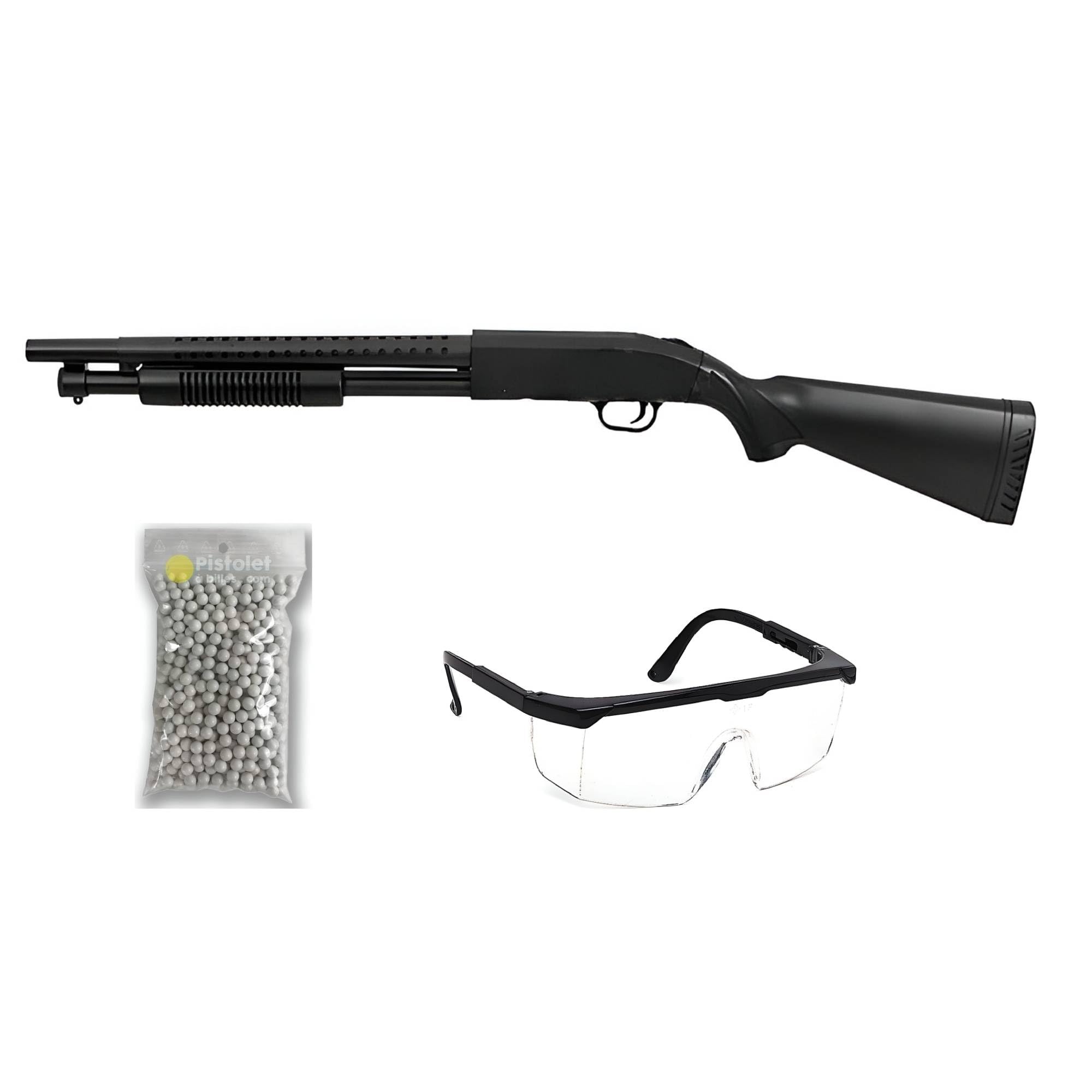 THE REPLICANT Pacchetto Replica Airsoft Fucile M500 A SWAT con Calcio Completo + 600 Pallini da 0,20 g e Occhiali protettivi
