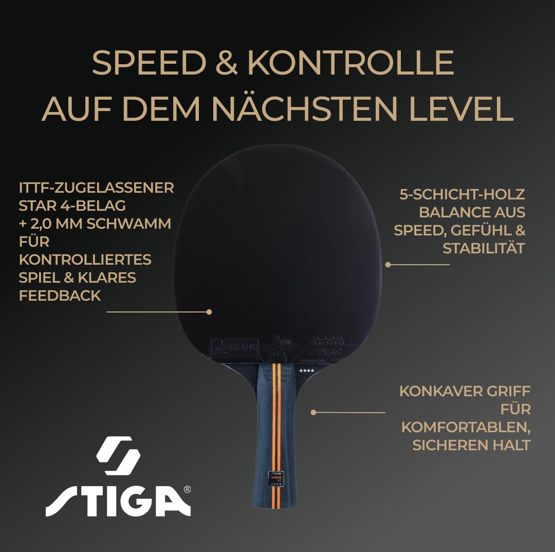 STIGA Tischtennisschläger Vision V2 – Hohe Geschwindigkeit & Kontrolle, ITTF-zugelassener Star 4 Belag, 2,0 mm Schwamm, Crystal Technology, 5-lagiger Holzkern, konkaver Griff
