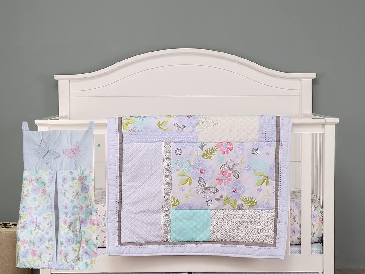 Girls Crib Bedding Set 3 PCs Purple Embroidery Butterfly Nursery Crib Bedding Set 1 Quilt +1 Fitted Sheet + 1 Diaper Storage Violet Floral Butterfly Cot Bedding Set