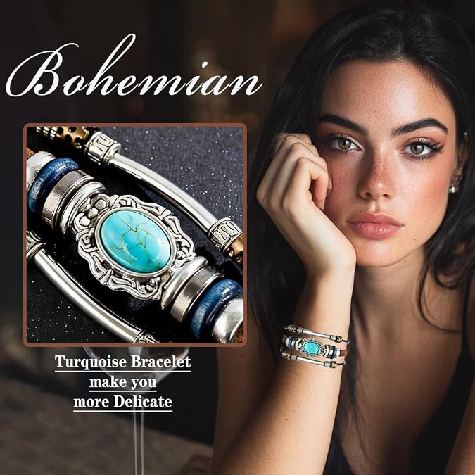 Leather Wrap Bracelets for Women Boho Multi-Layer Turquoise Bracelet Beads Stackable Bangle