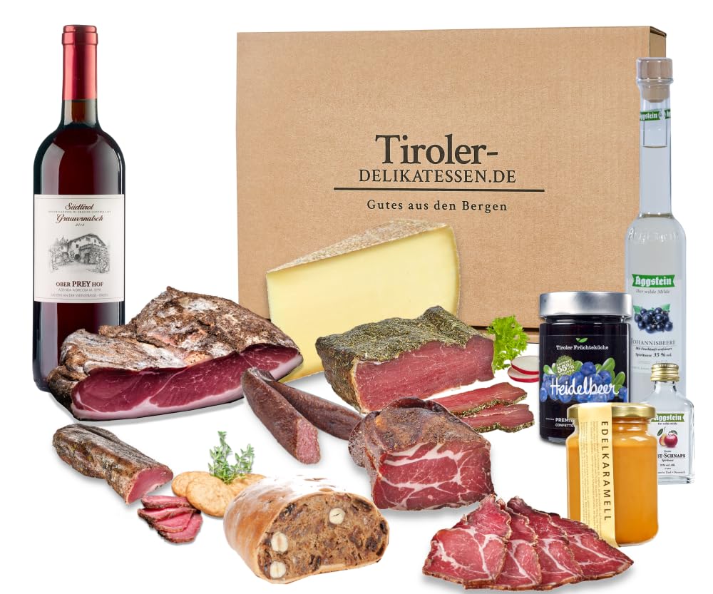 Almgourmet - 12. tlg. Geschenkset "Das Beste aus Tiroler Delikatessen" -3180g - mit Schinken, Käse, Speck, Kaminwurzn und Wein