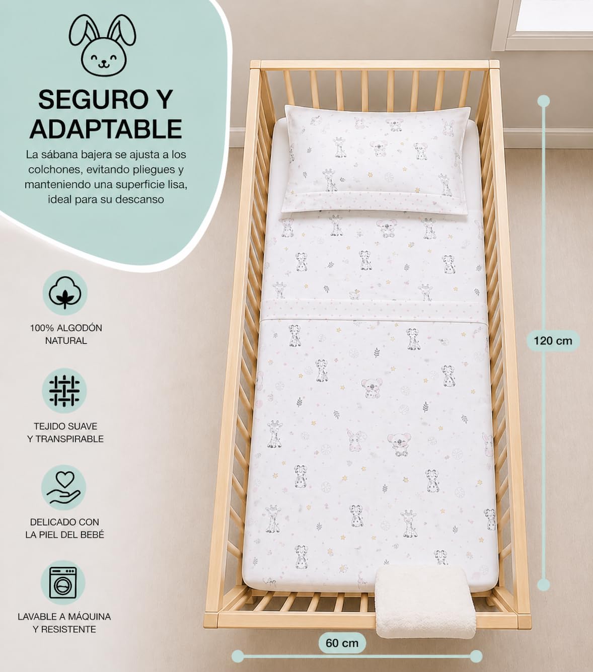 Juego 3 Sabanas Cuna 60x120 100% Algodon con Sabana Bajera Transpirable Ajustable Lavable + Encimera y Funda Almohada Suave Pack Descanso de Bebes y Recien Nacidos Diseño Animalitos Chupetero Regalo