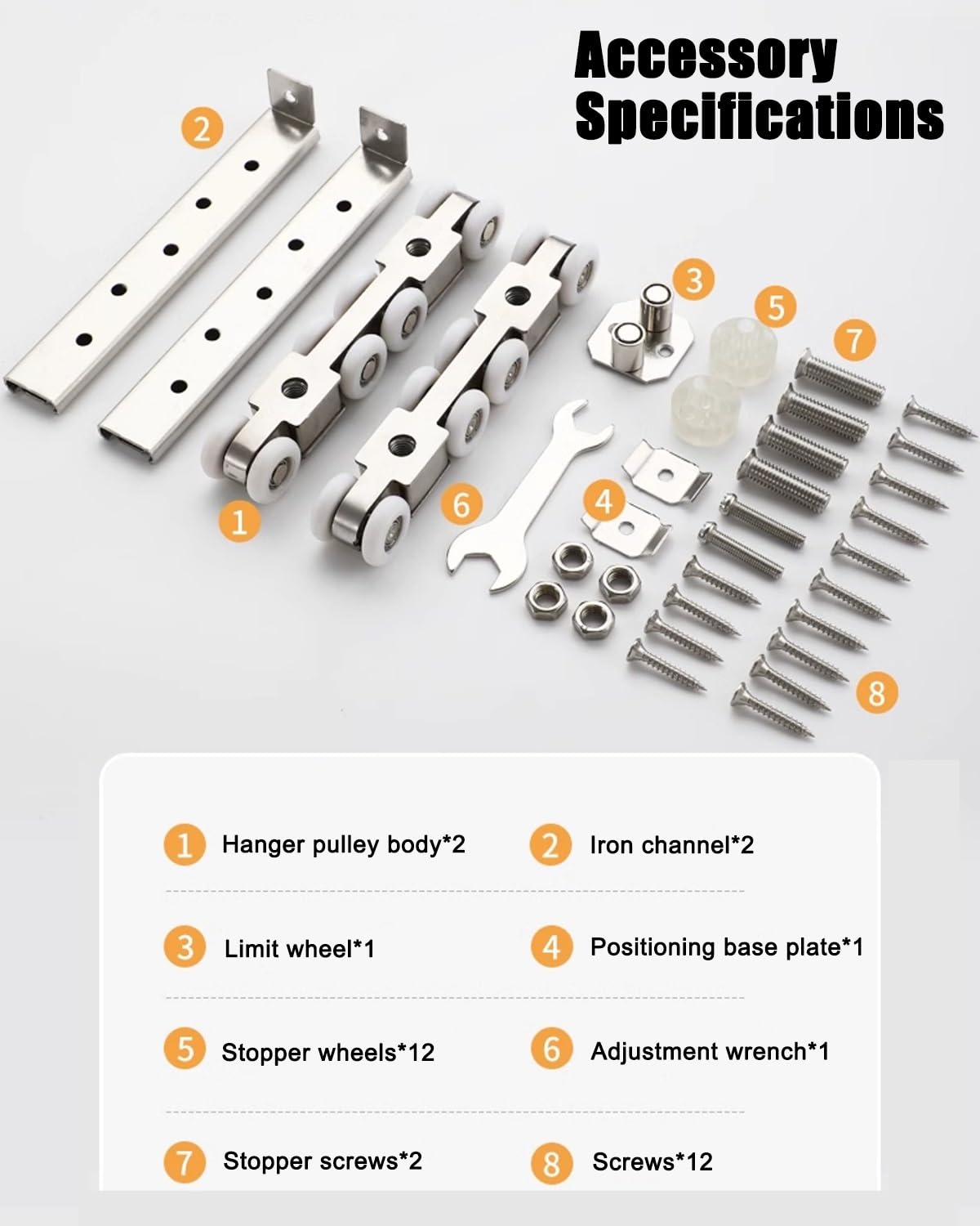 Zestaw prowadnic do drzwi Zestaw szyn do drzwi przesuwnych do stodoły o wysokiej wytrzymałości 8-kołowe rolki nylonowe szyny aluminiowe o grubości 3 mm (srebrny, 3,6 m/141,7 cala / 11,8 stóp)