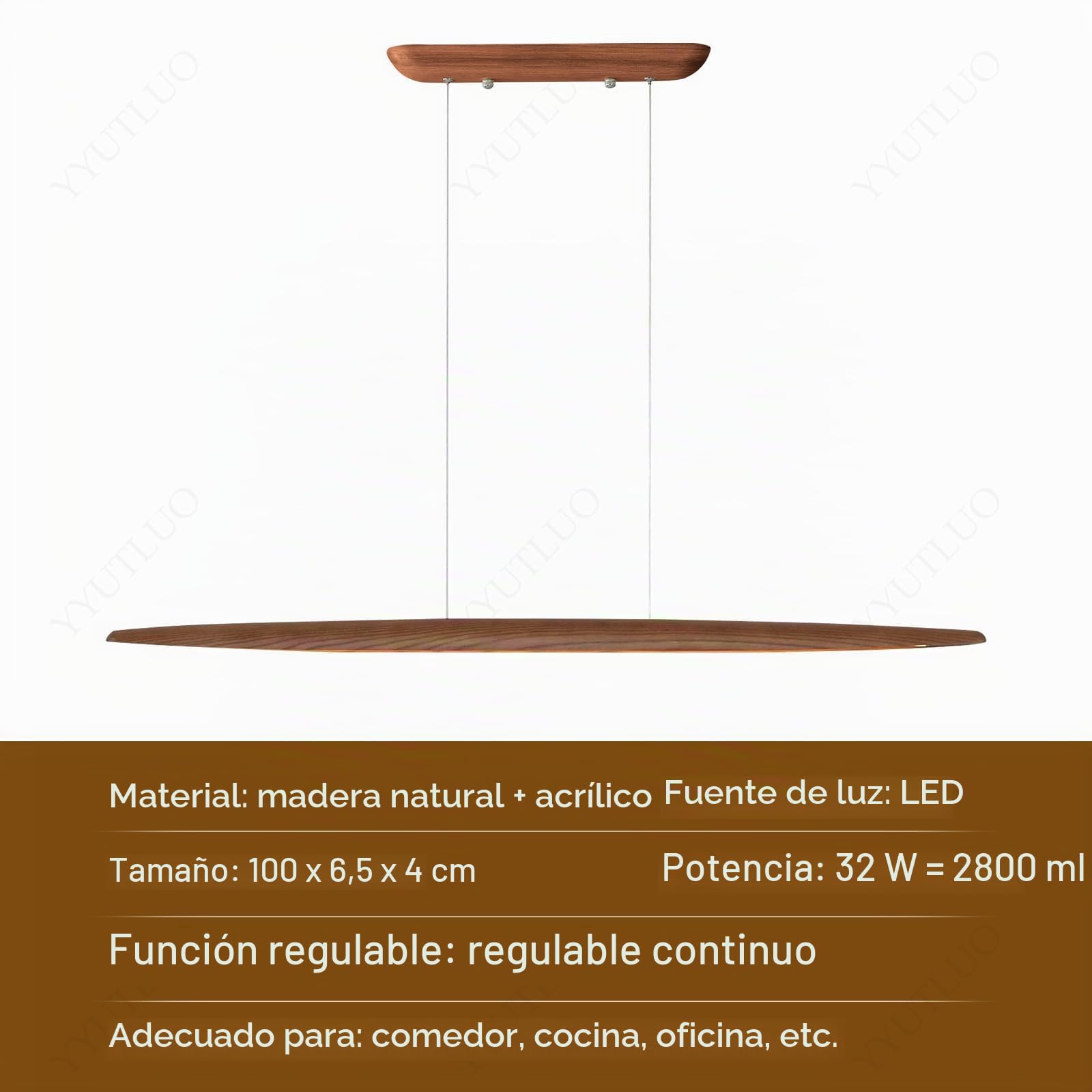 Lámpara Colgante De Madera LED, Lámpara Colgante Para Mesa Comedor, Marrón Regulable Con Control Remoto, Candelabro Altura Ajustable Diseño Lineal Moderno Candelabro Para (100cm)