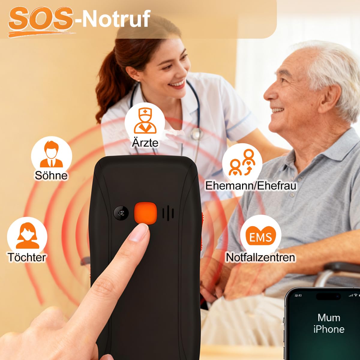 4G-Seniorenhandy ohne Vertrag – kompaktes Handy mit großen Tasten, SOS-Taste, 1,77-Zoll-Farbdisplay | USB-C-Ladestation, UKW-Radio, Tastensperre | Einfache Bedienung