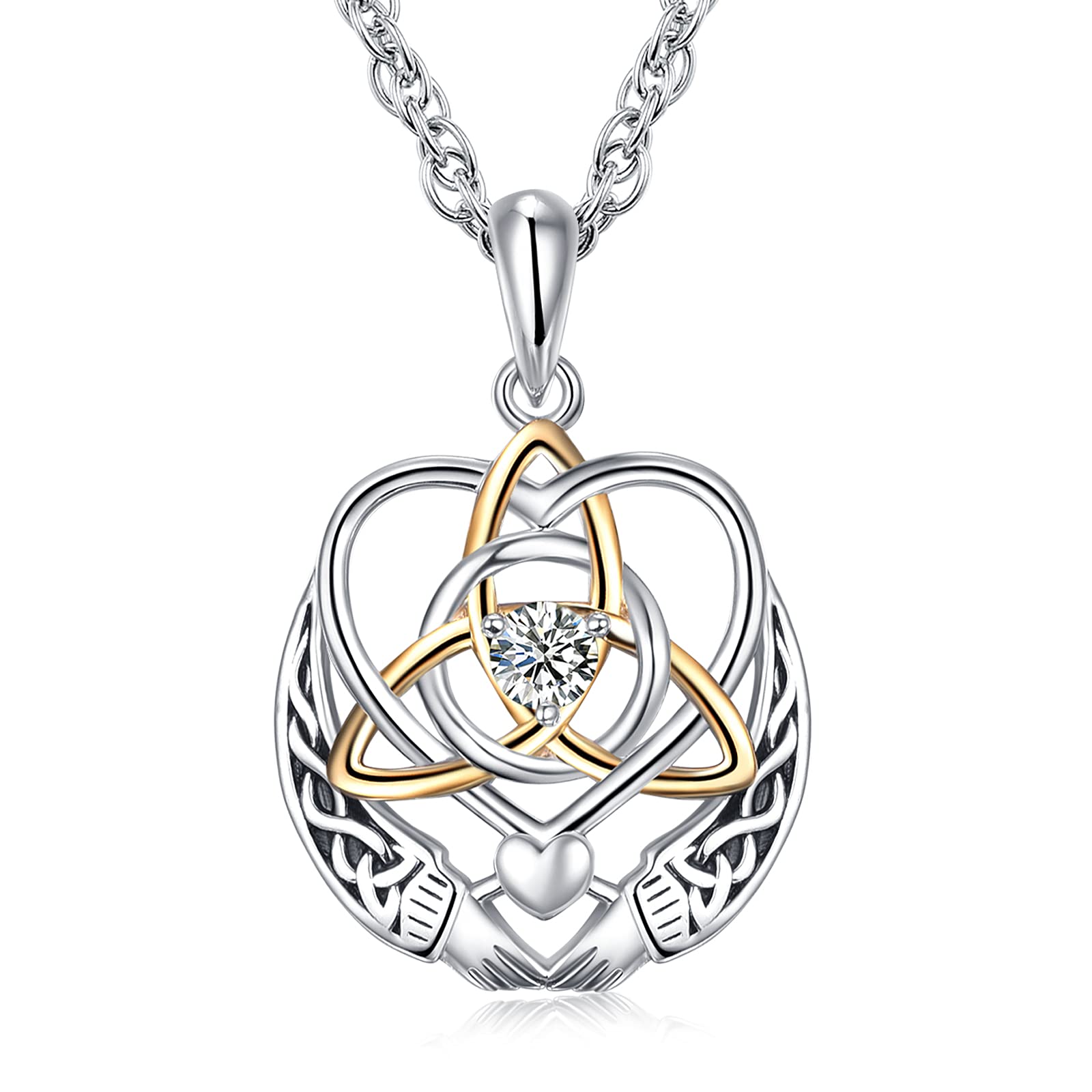 KINGWHYTE Claddagh Halskette, 925 Sterling Silber keltischem Knoten Kette für Damen Algerischer Liebesknoten Anhänger Irisch Trinity Schmuck Geschenke für Frauen Damen Mädchen