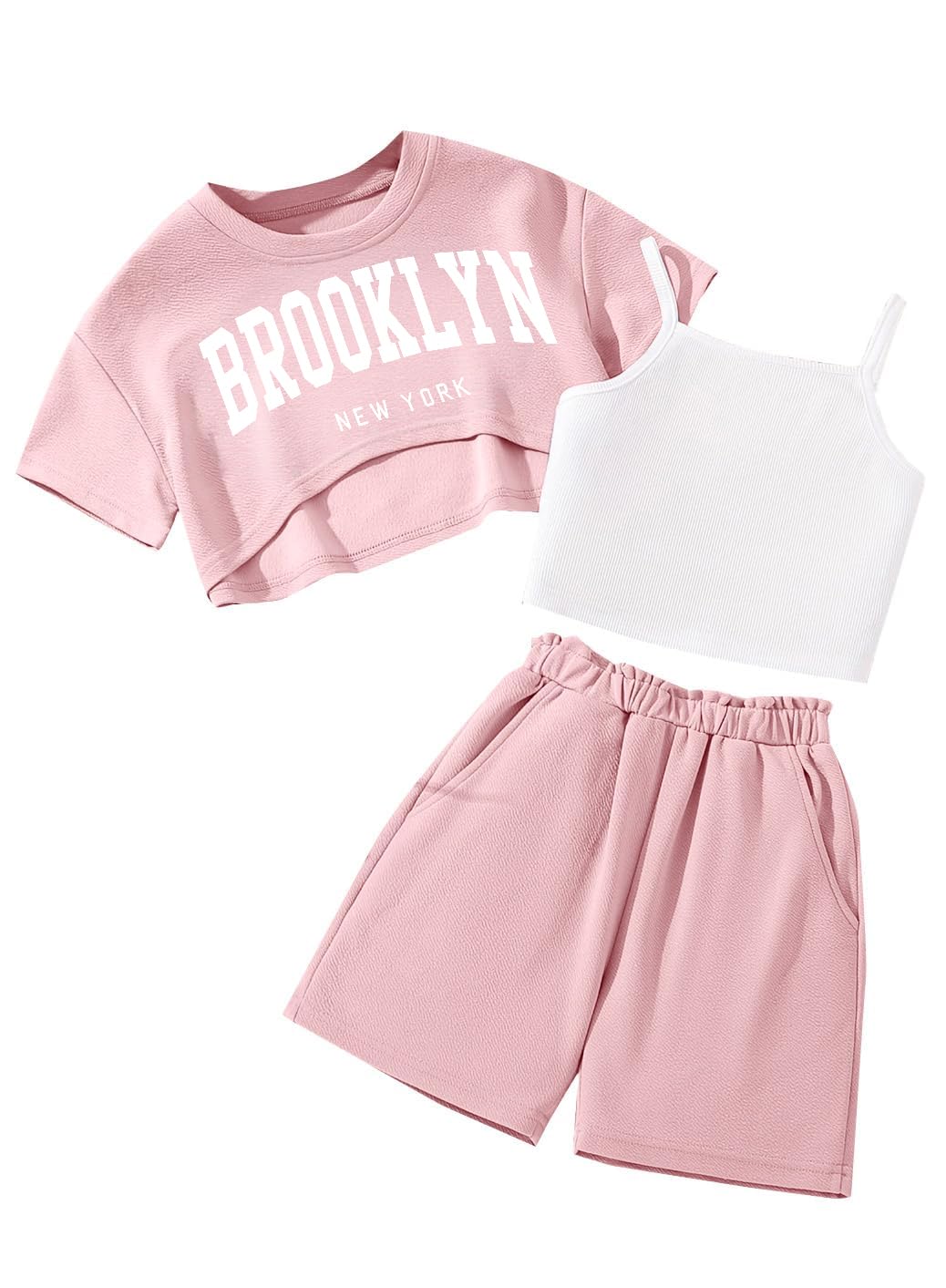 Hilinker Girls 3 Piece Summer Outfits Graphic Crop Tee and Cami Top with Shorts Set